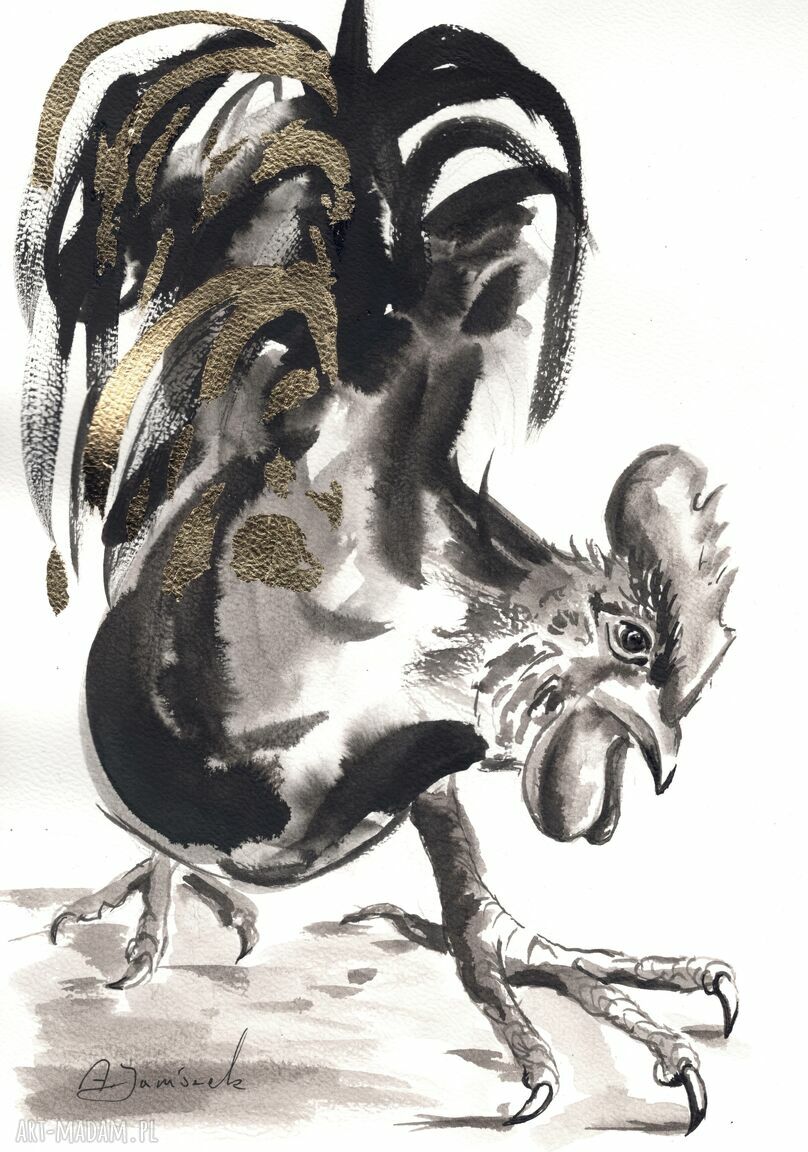 Dyptyk "Para z pazurem" - ręcznie malowany, złocony kogut i kura (2 x 21 x 30 cm)