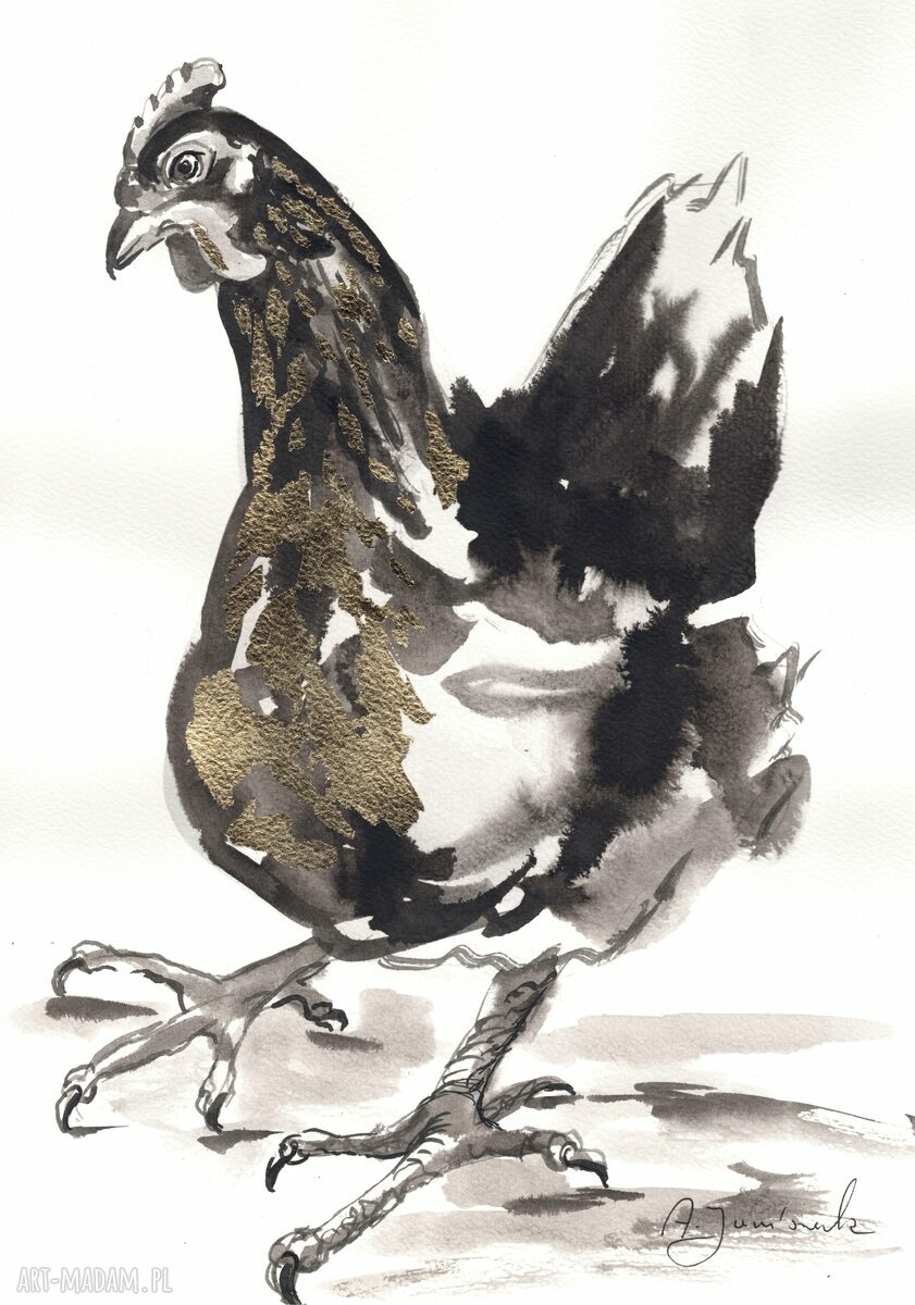 Dyptyk "Para z pazurem" - ręcznie malowany, złocony kogut i kura (2 x 21 x 30 cm)