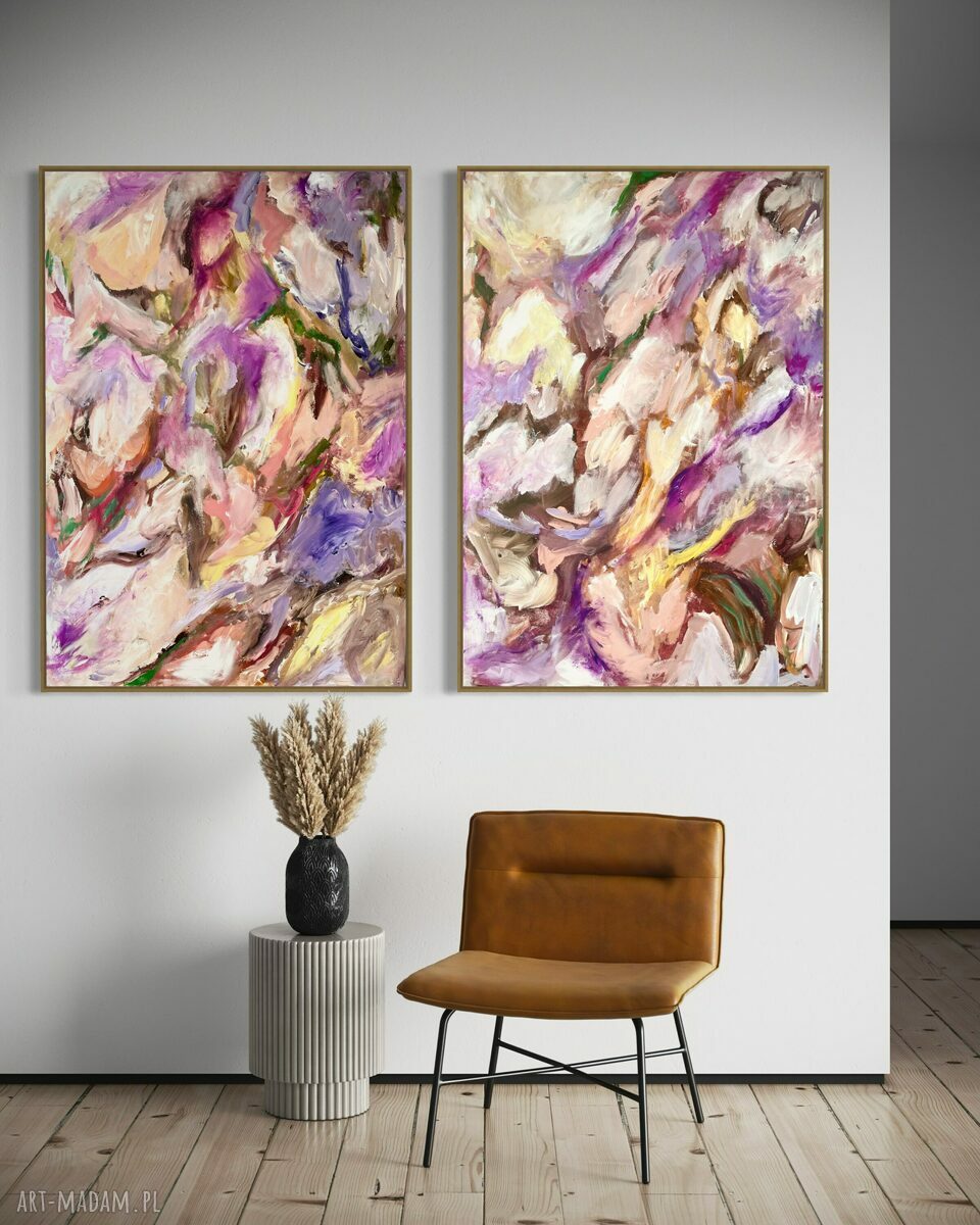 Różowy dyptyk abstrakcyjny 100x70 cm do salonu - by Ferens