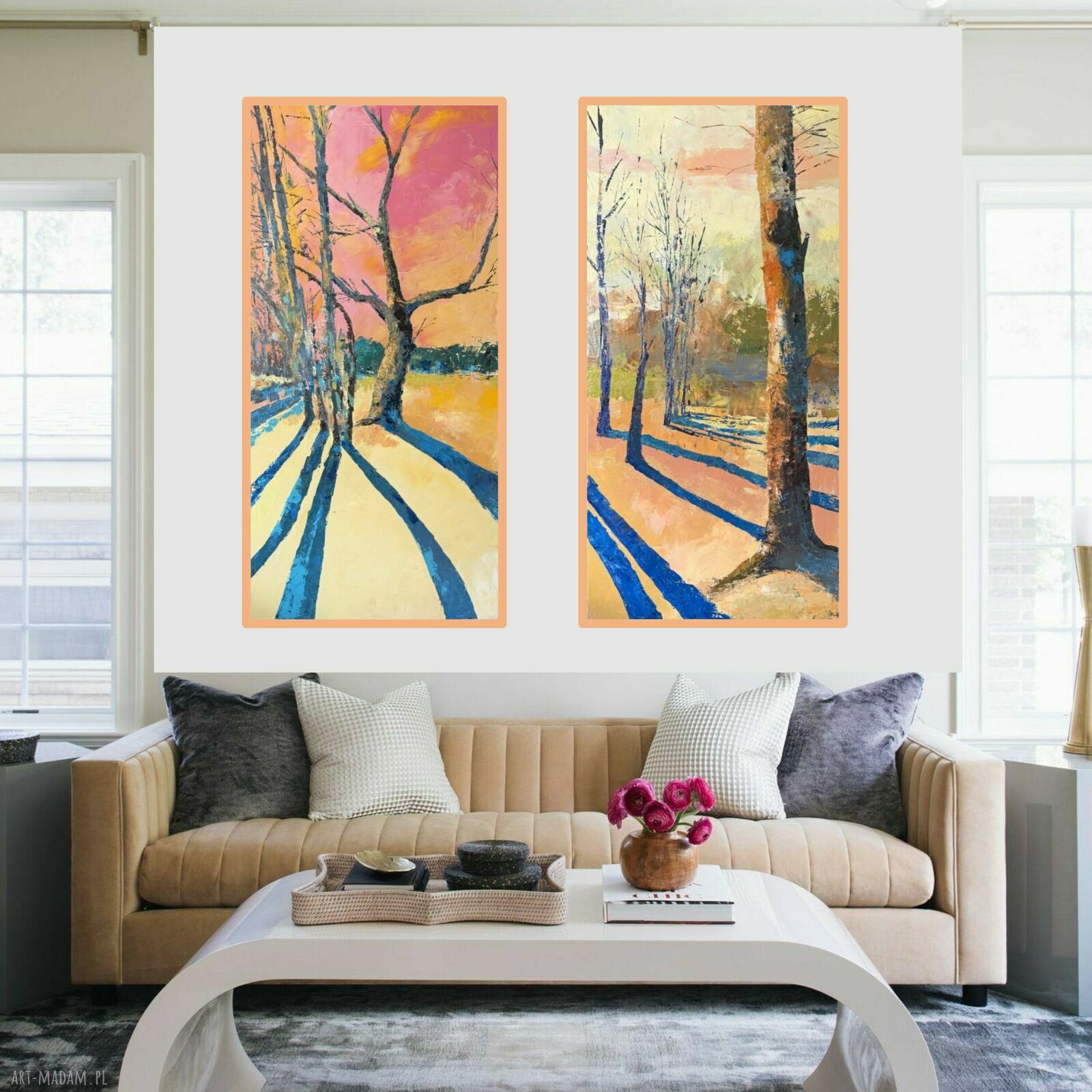 Dyptyk „Ruchome cienie” - obrazy olejne 2 x 140 x 70 cm zestaw 2 płócien