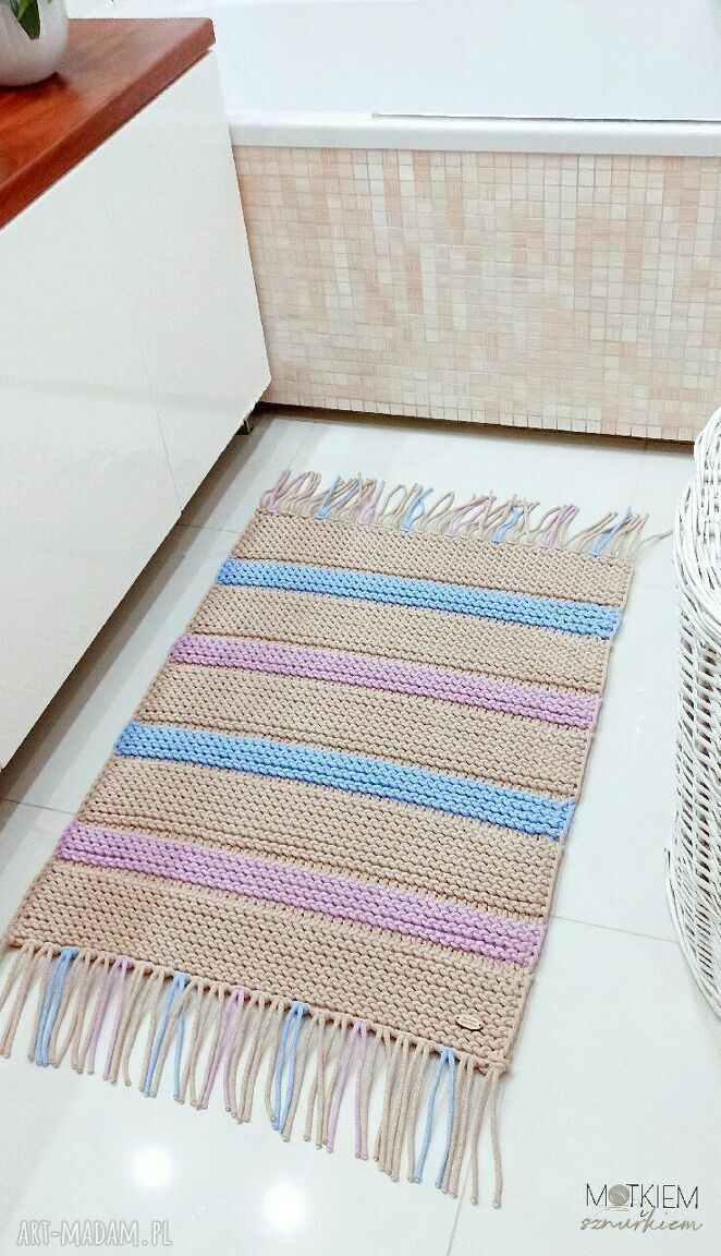 Dywan chodnik ze sznurka bawełnianego 60/100 cm do sypialni - ręcznie dziergany shabby z frędzlami