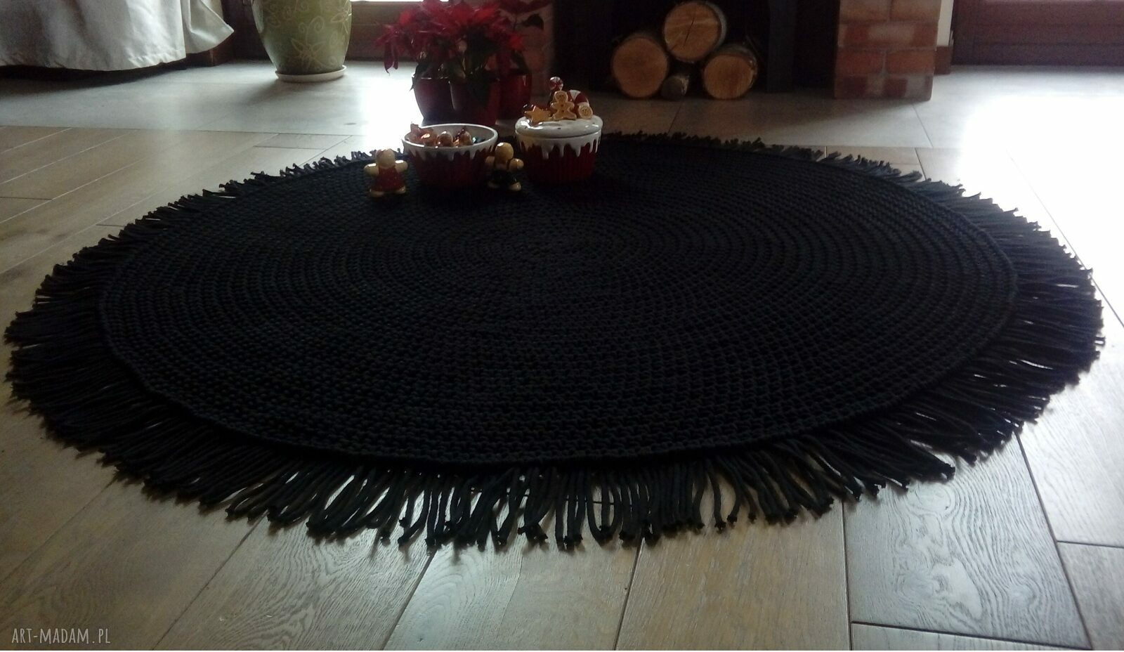 Dywan Classic Black z frędzlami 160 cm - czarny ze sznurka bawełnianego (dwustronny)