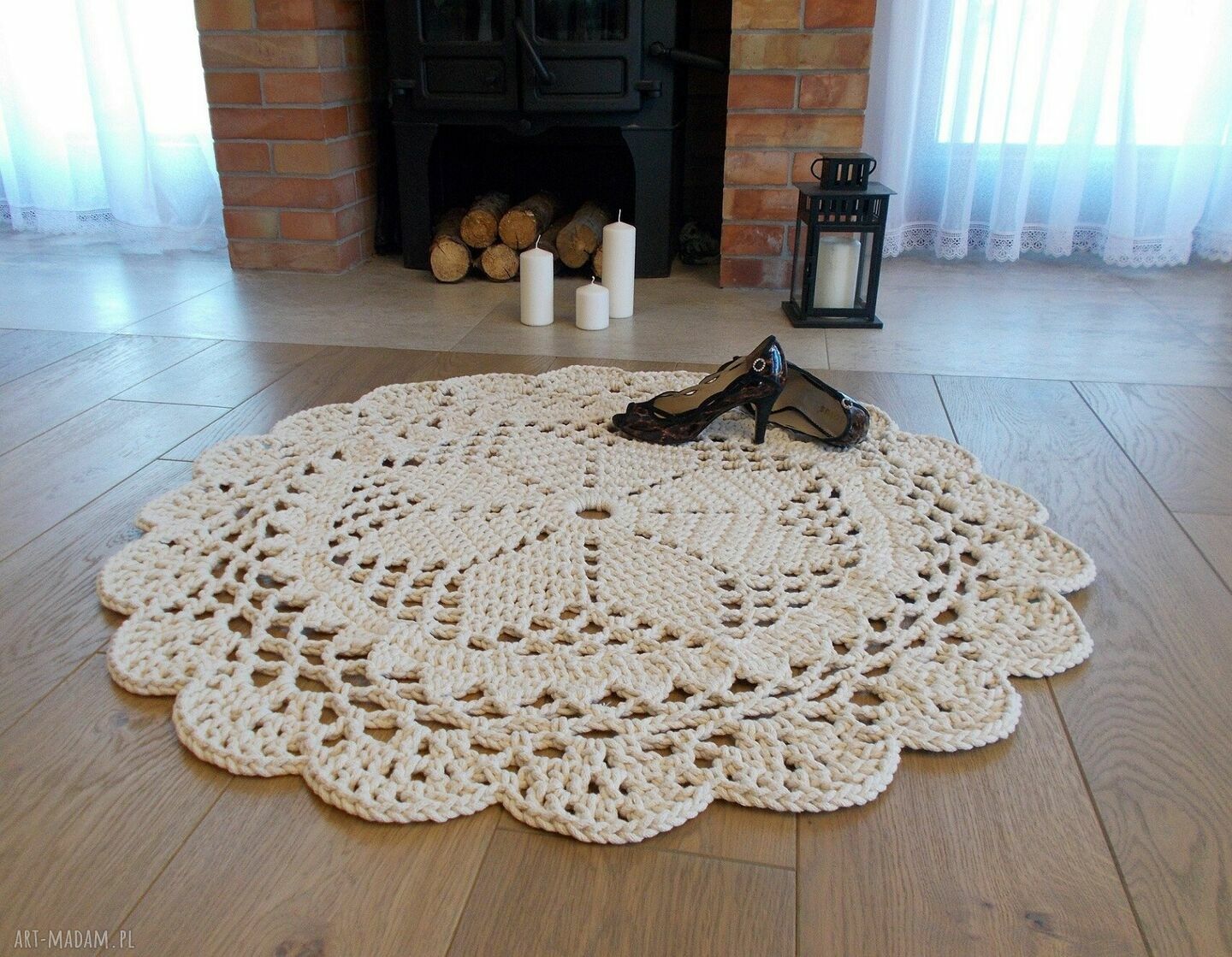 Dywan Dace 110 cm z bawełnianego sznurka Mandala Lace - ecru