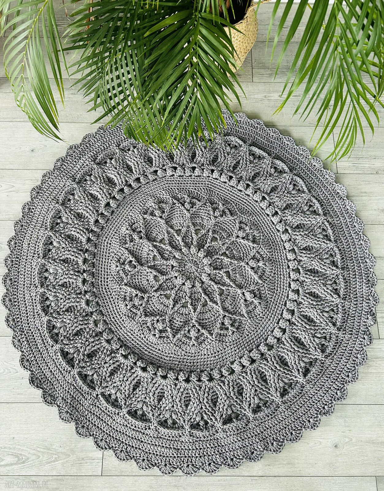 Dywan szydełkowy 3D ze sznurka - okrągły szary (śr. ok. 124 cm)