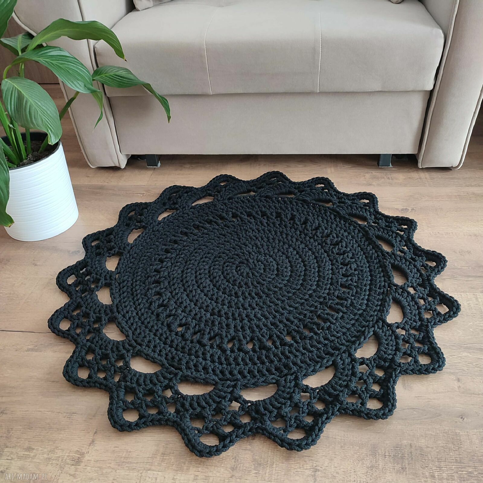 Dywan okrągły ze sznurka bawełnianego szydełkowy 80 cm - ręcznie robiony
