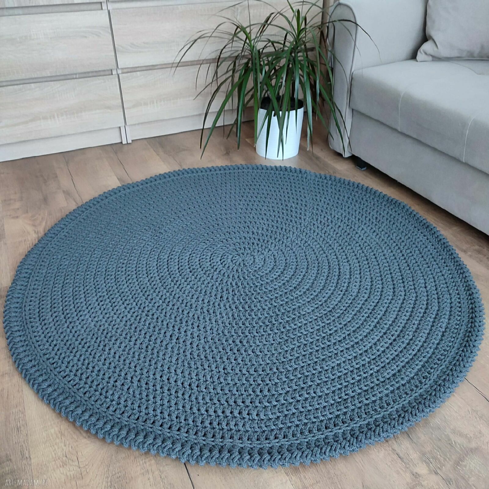 Dywan okrągły ze sznurka bawełnianego szydełkowy 120 cm do salonu - ręcznie robiony