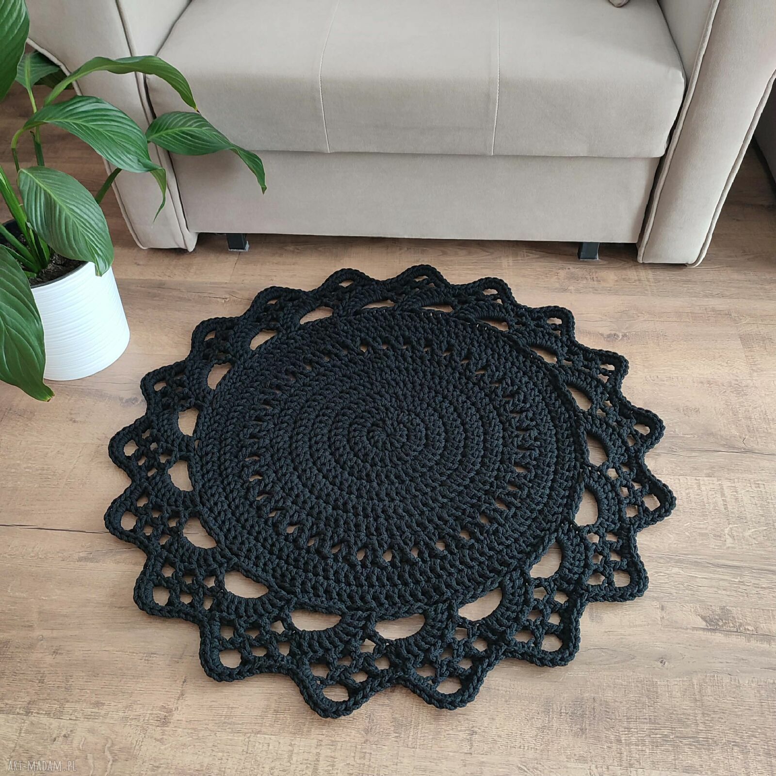 Dywan okrągły ze sznurka bawełnianego szydełkowy 80 cm - ręcznie robiony