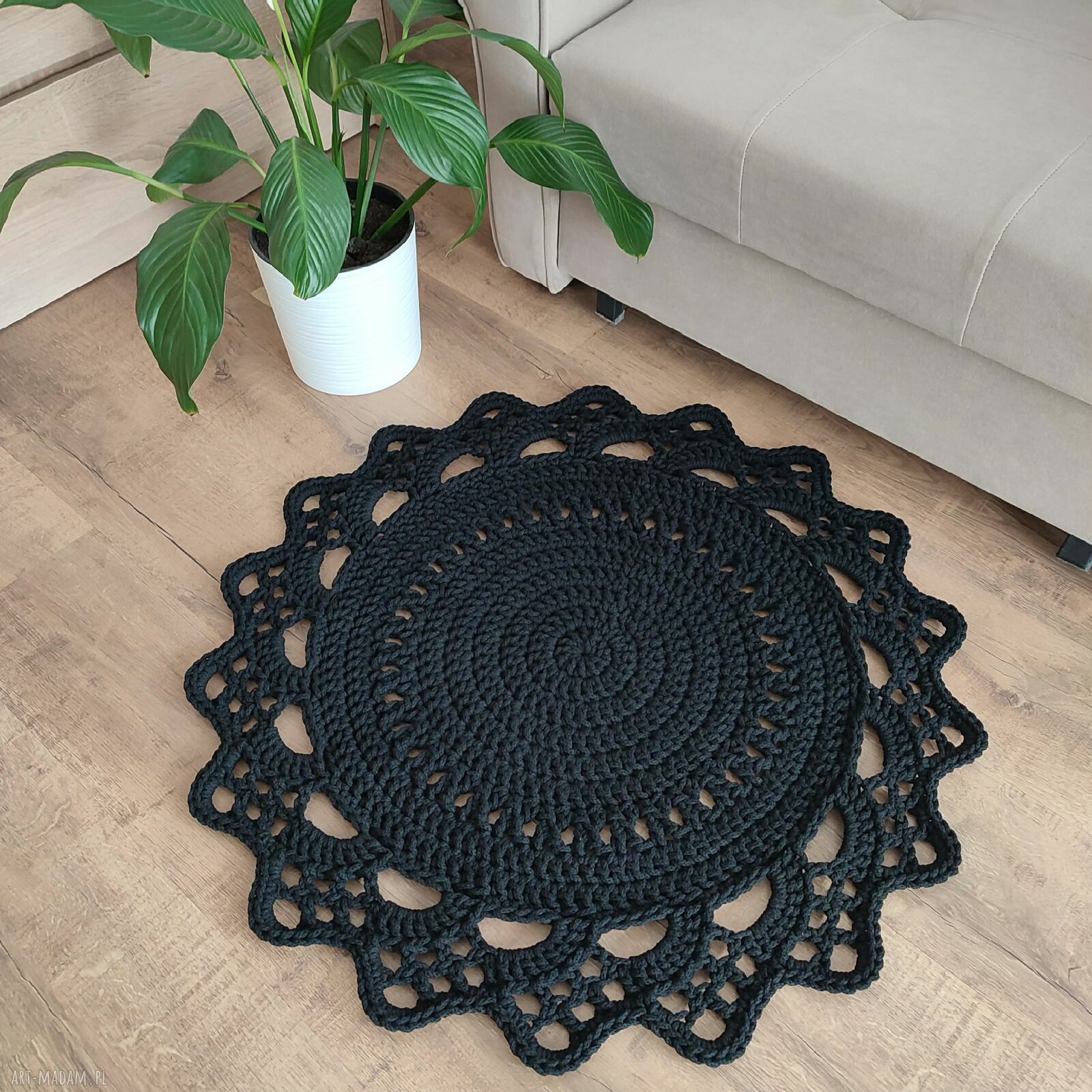 Dywan okrągły ze sznurka bawełnianego szydełkowy 80 cm - ręcznie robiony