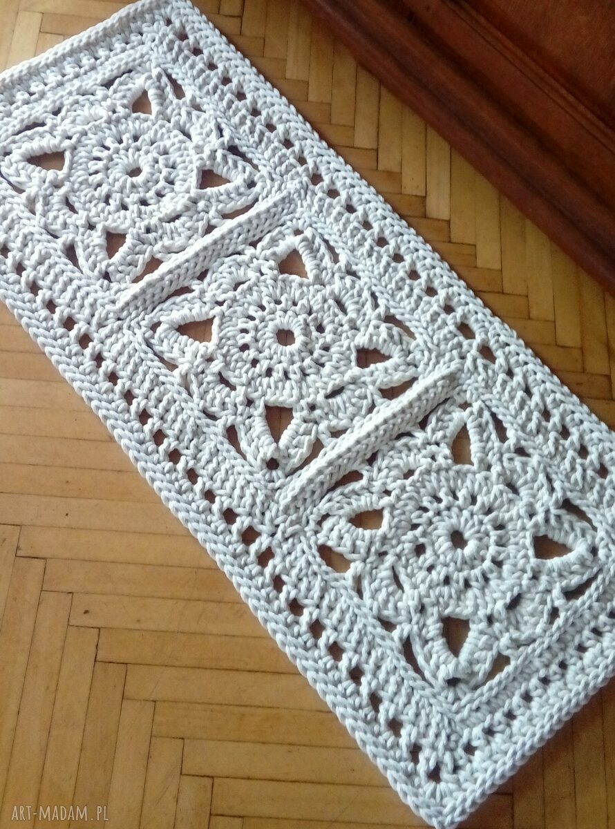 Dywan Ornament z sznurka bawełnianego - chodnik szydełkowy ecru 105x45 cm