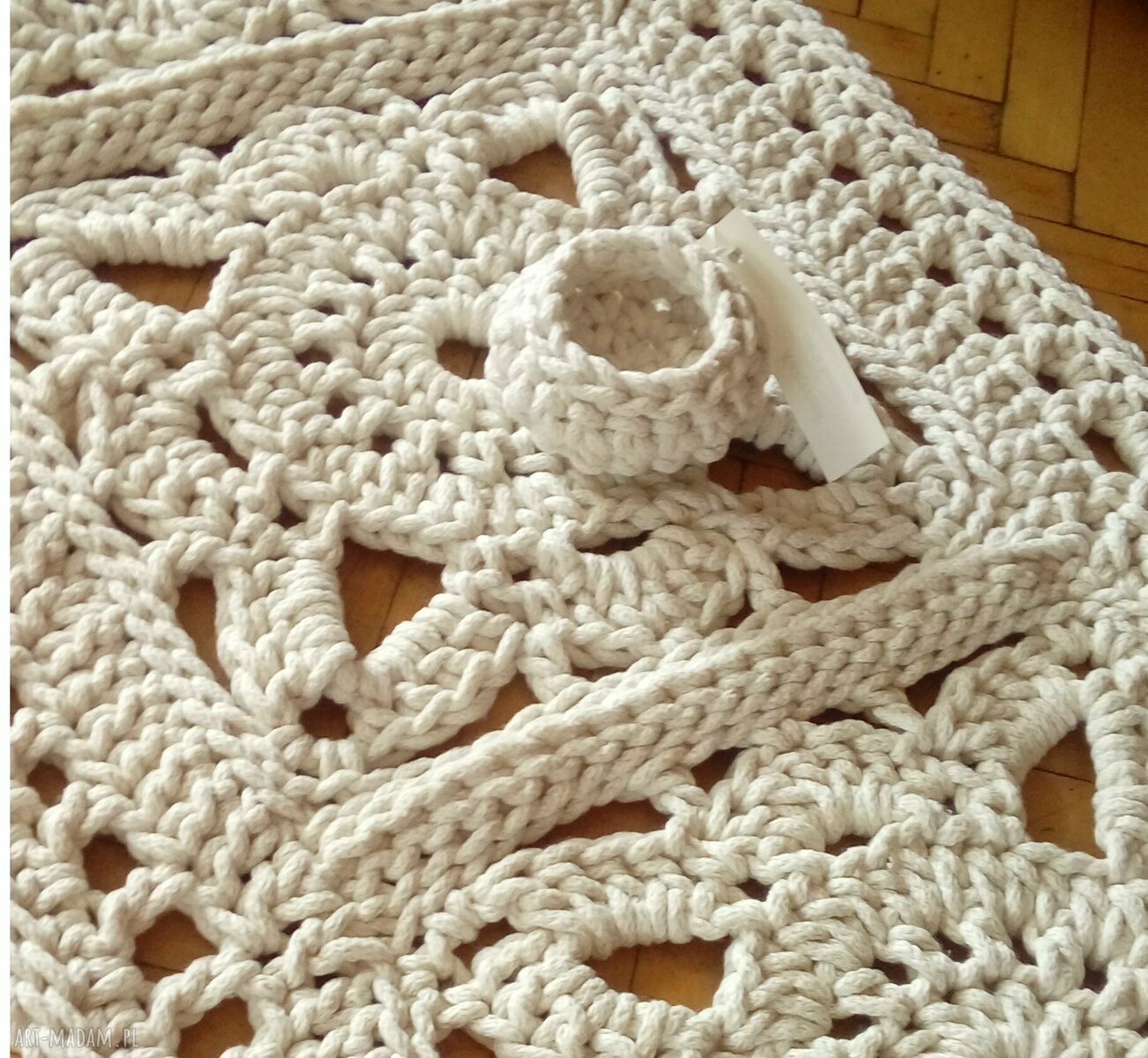 Dywan Ornament z sznurka bawełnianego - chodnik szydełkowy ecru 105x45 cm
