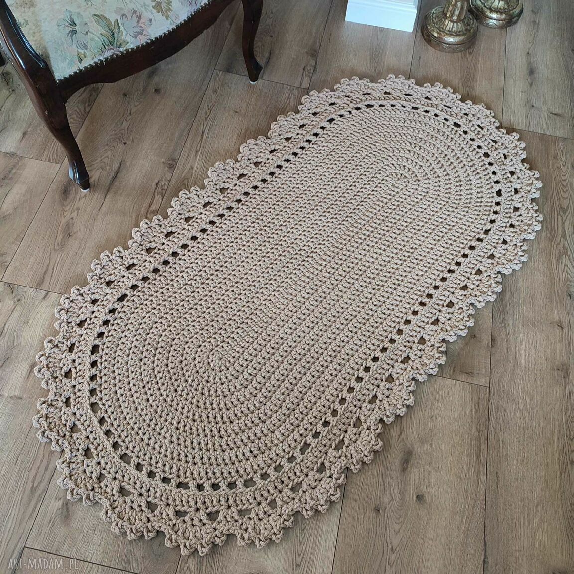 Dywan owalny 75x140 cm ze sznurka bawełnianego - rękodzieło szydełkowe