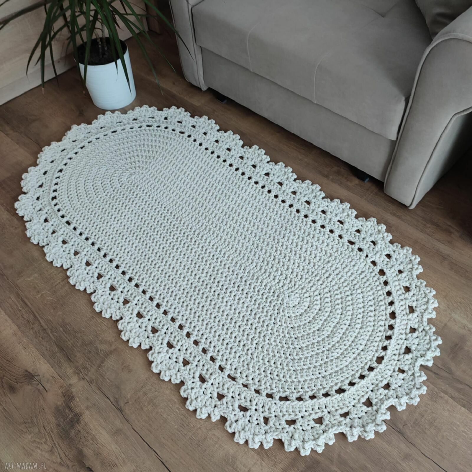 Dywan owalny szydełkowy 75x140 cm z polskiego sznurka bawełnianego do sypialni
