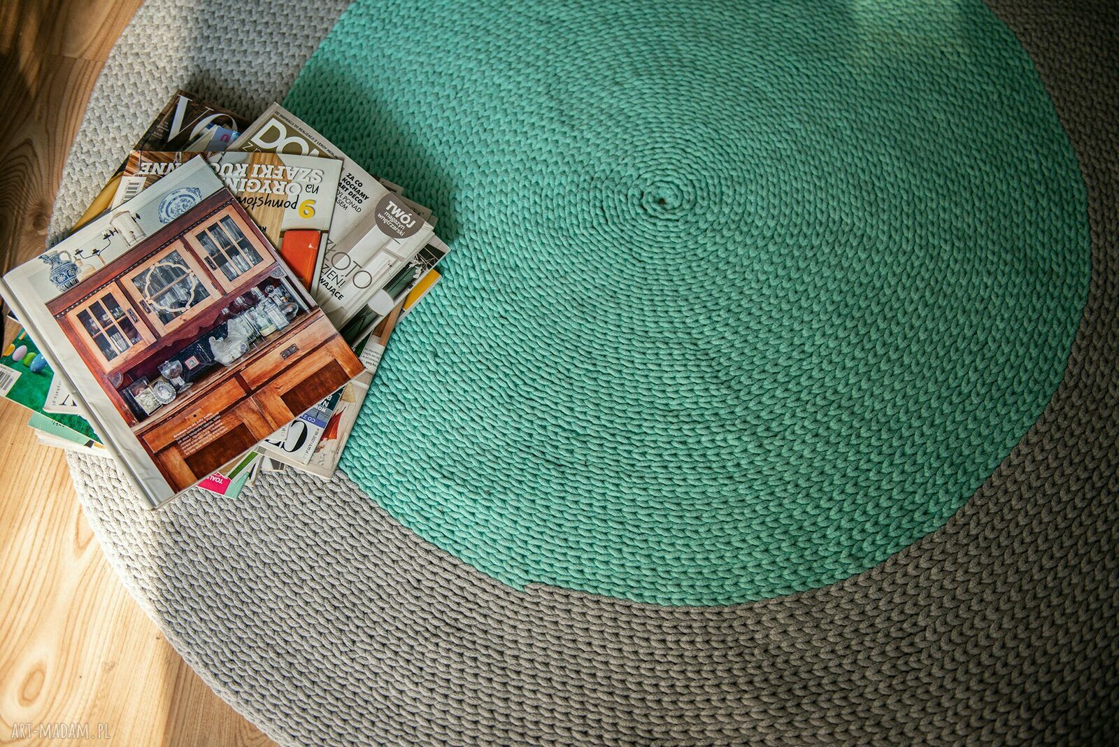 Dywan Ring 110 cm w kolorze szaro-turkusowym - ręczne szydełkowanie z bawełnianego sznurka