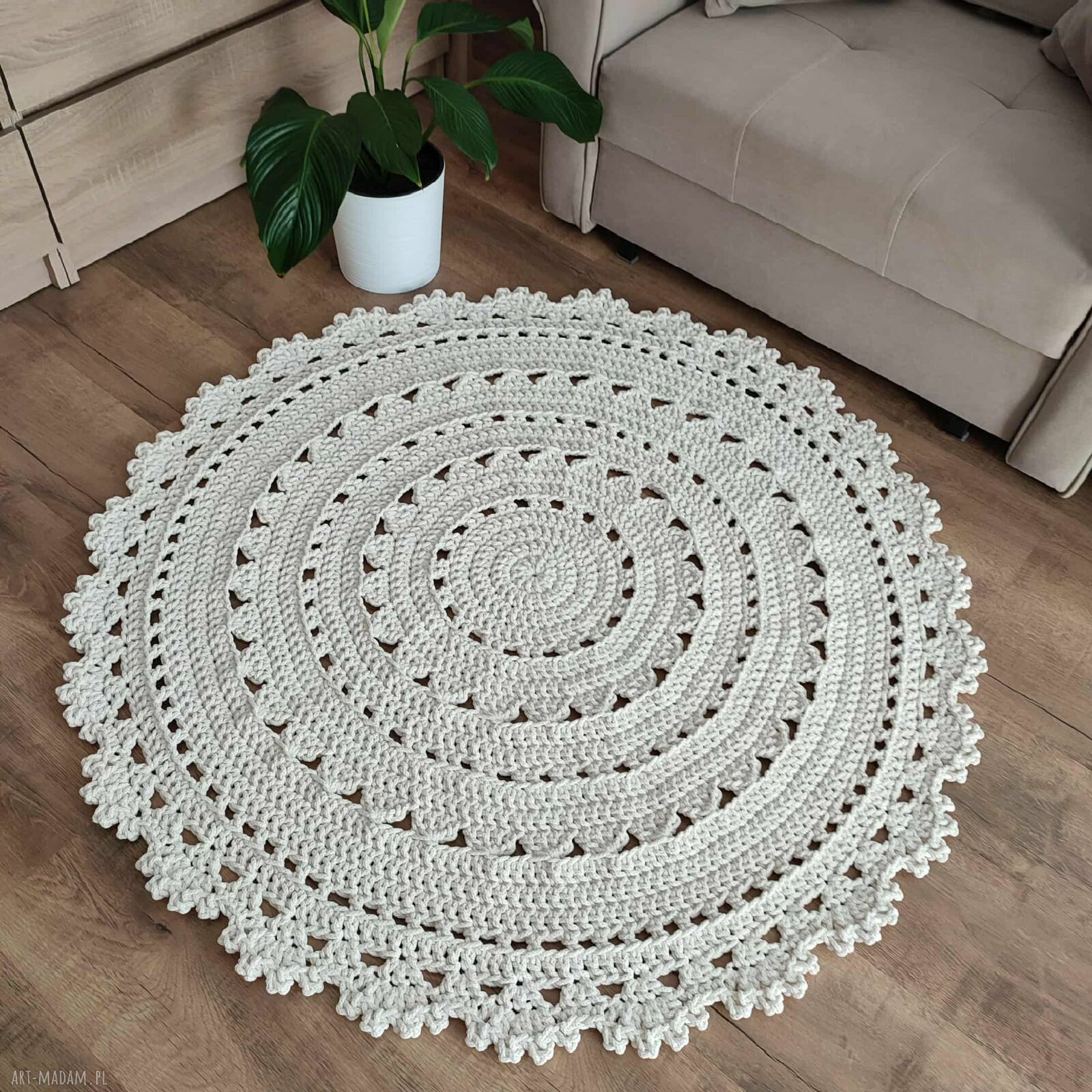 Ręcznie szydełkowany dywan okrągły 120 cm z bawełnianego sznurka