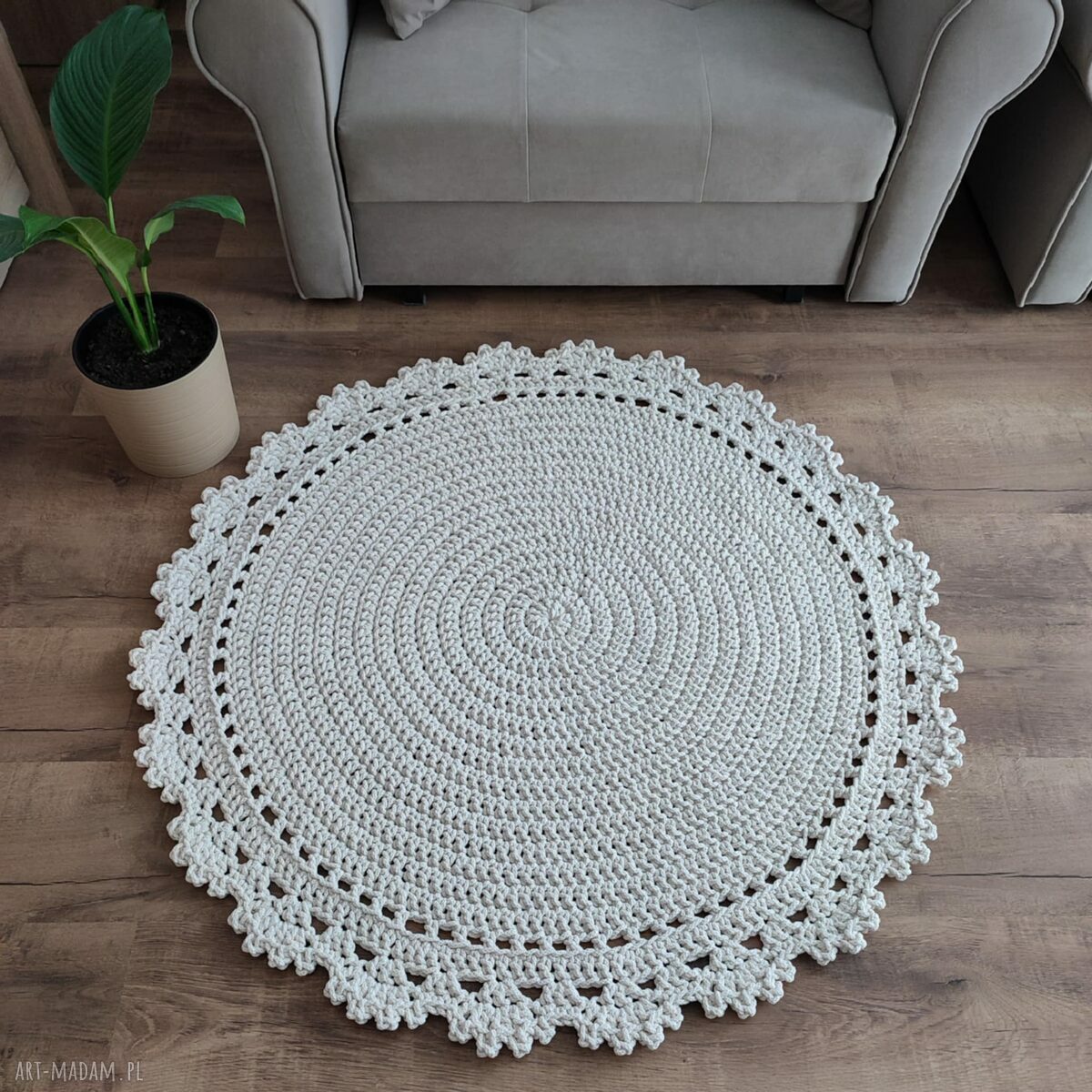 Dywan ze sznurka szydełkowy 110 cm - okrągły ecru do salonu