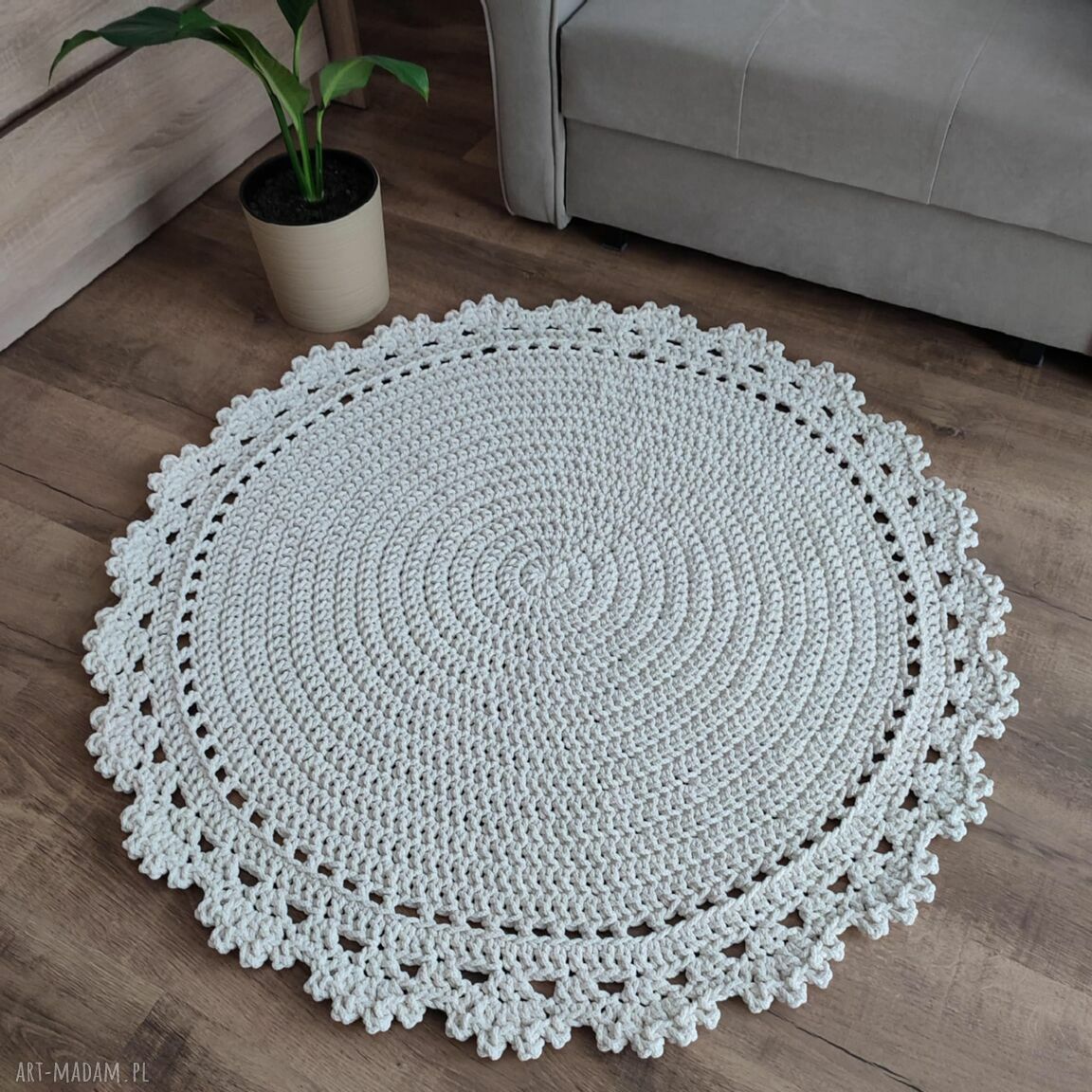Dywan ze sznurka szydełkowy 110 cm - okrągły ecru do salonu