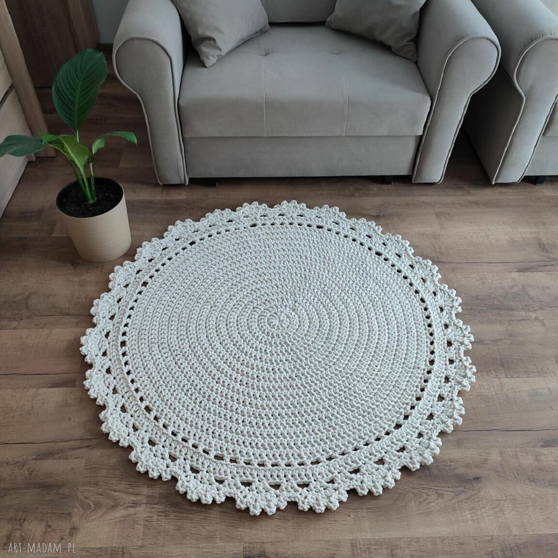 Dywan ze sznurka szydełkowy 110 cm - okrągły ecru do salonu