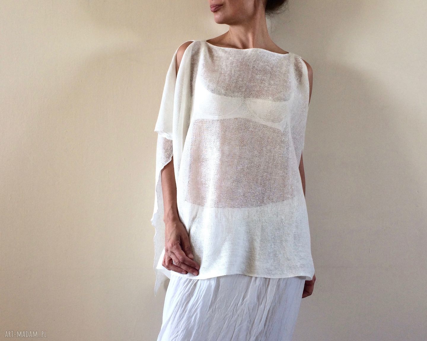 Asymetryczna tunika lniana 100% - kremowa narzutka i ponczo (one size S/M/L)