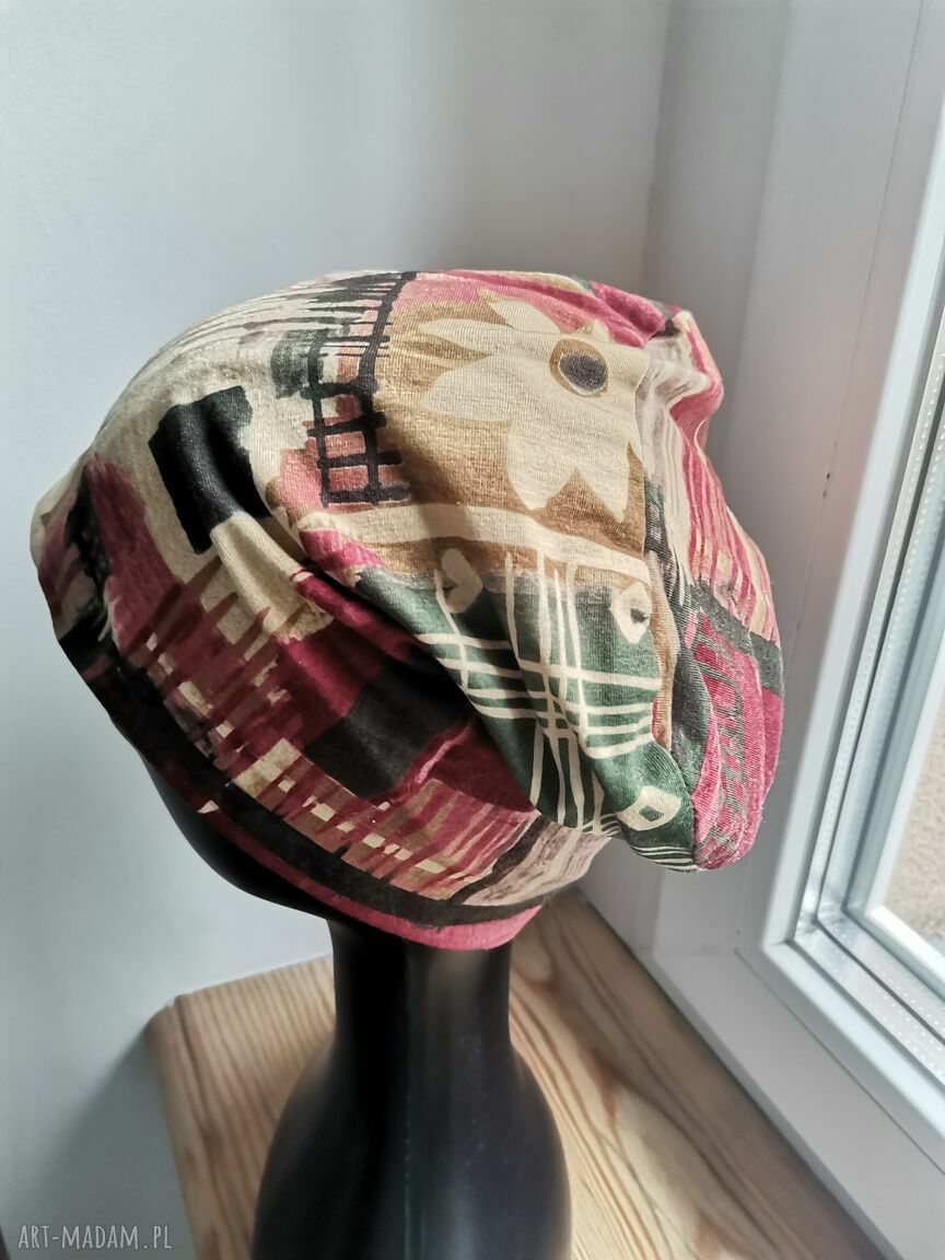 Czapka dzianinowa na podszewce boho z frędzlami - rozmiar 56-57 cm