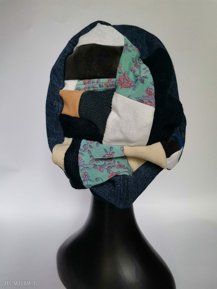 Czapka dzianinowa na podszewce - boho folk, rozmiar uniwersalny