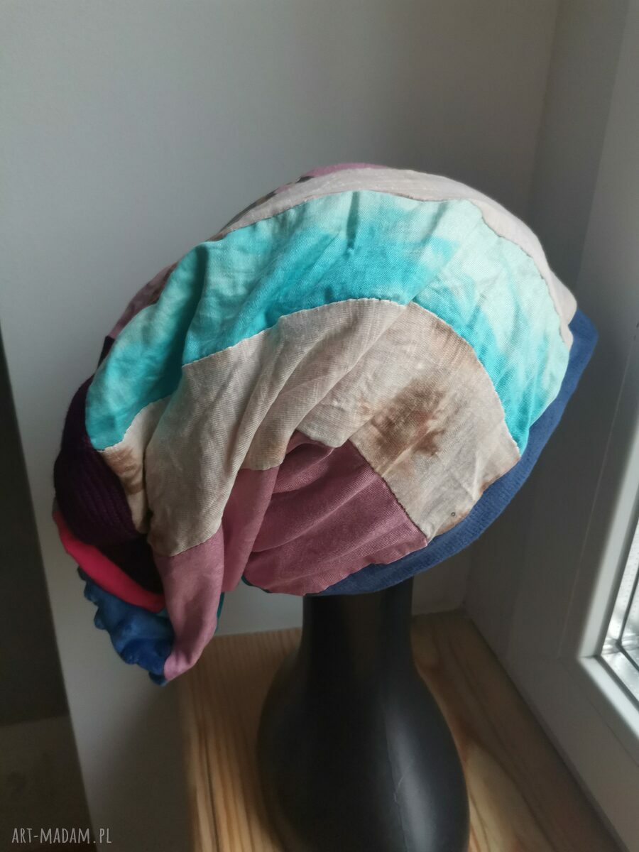 Długa czapka patchworkowa z podszewką - folk boho z frędzlami