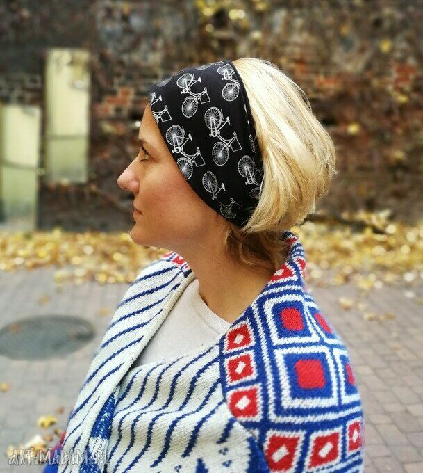 Opaska dzianinowa w motyw rowerów - sportowa, na podszewce, handmade