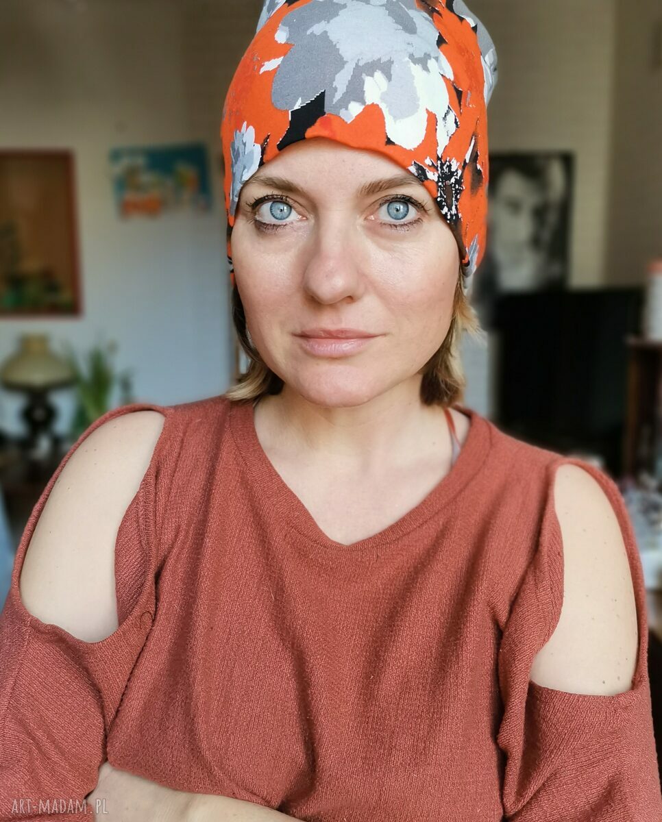 Szeroka dzianinowa opaska boho - kwiaty etno, rozmiar uniwersalny