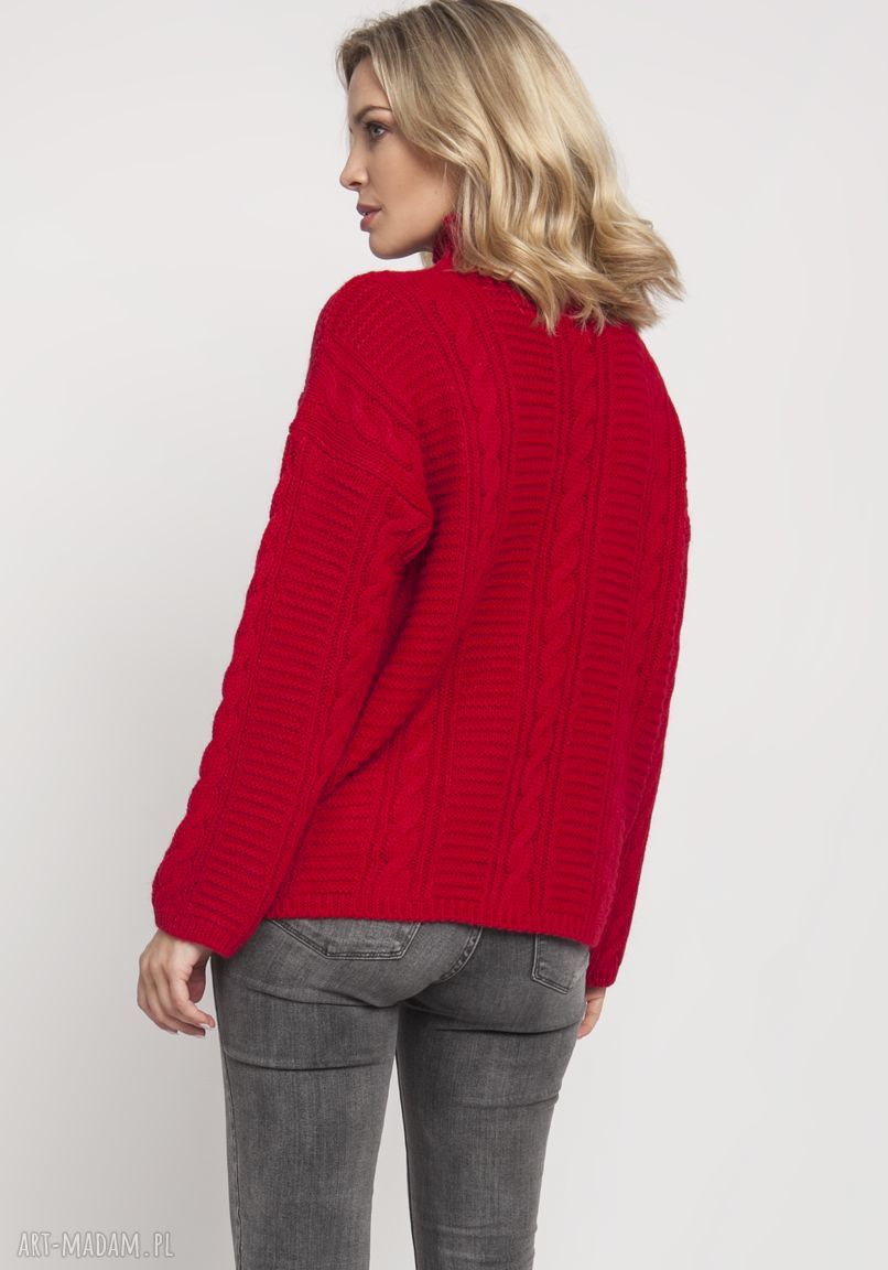 Dzianinowy golf oversize SWE 178 czerwony MKM z warkoczami