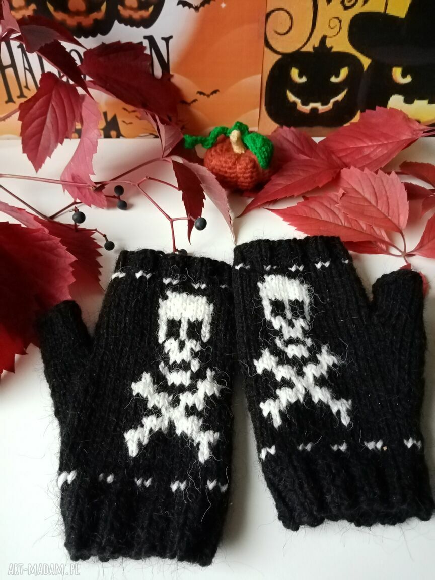 Dzianinowy ocieplacz na nadgarstki - mitenki bez palców z czaszką na Halloween