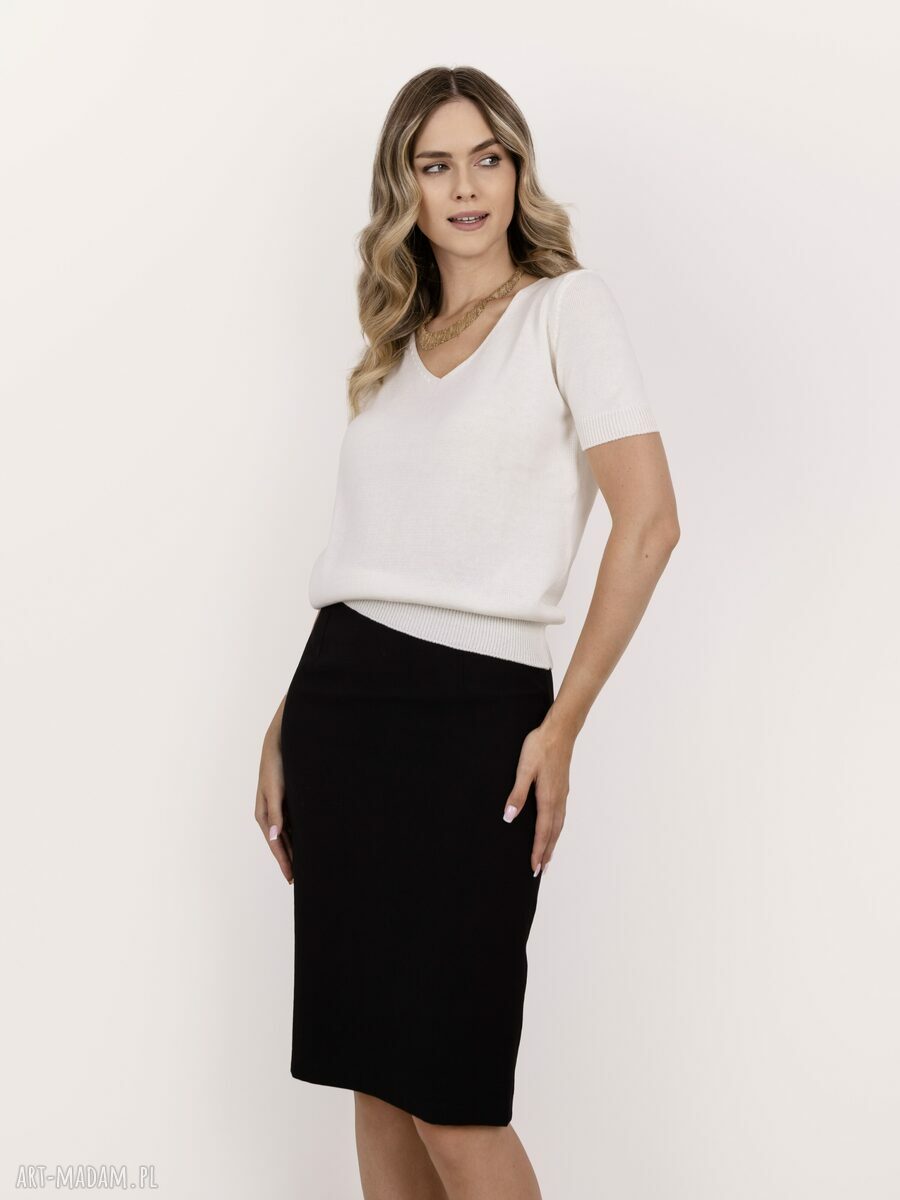 Dzianinowy t-shirt sweter SWE344 ecru na jesień z krótkim rękawem