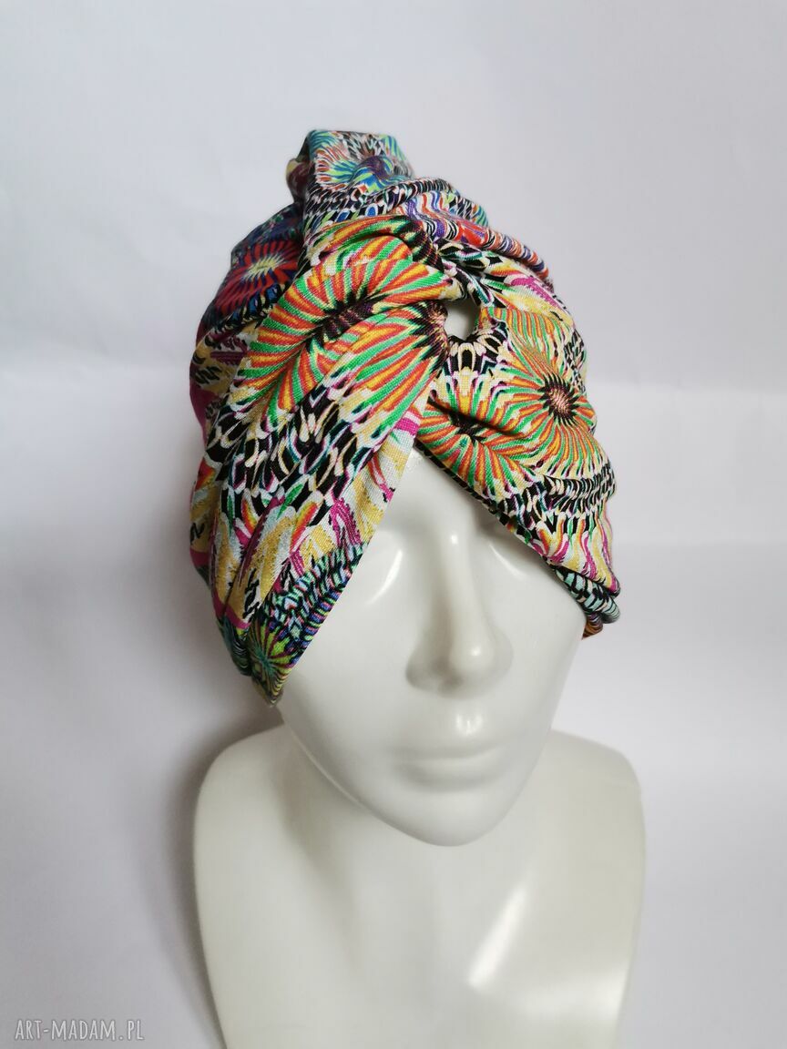 Turban dzianinowy uniwersalny w stylu folk i boho - ręcznie robiony