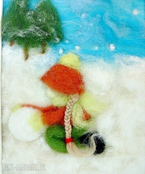 pokoik dziecka: Dziewczynka lepiąca bałwana. Obraz z kolekcji Winter. Handmade