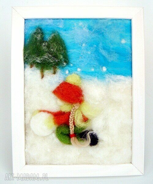 pokoik dziecka: Dziewczynka lepiąca bałwana. Obraz z kolekcji Winter. Handmade