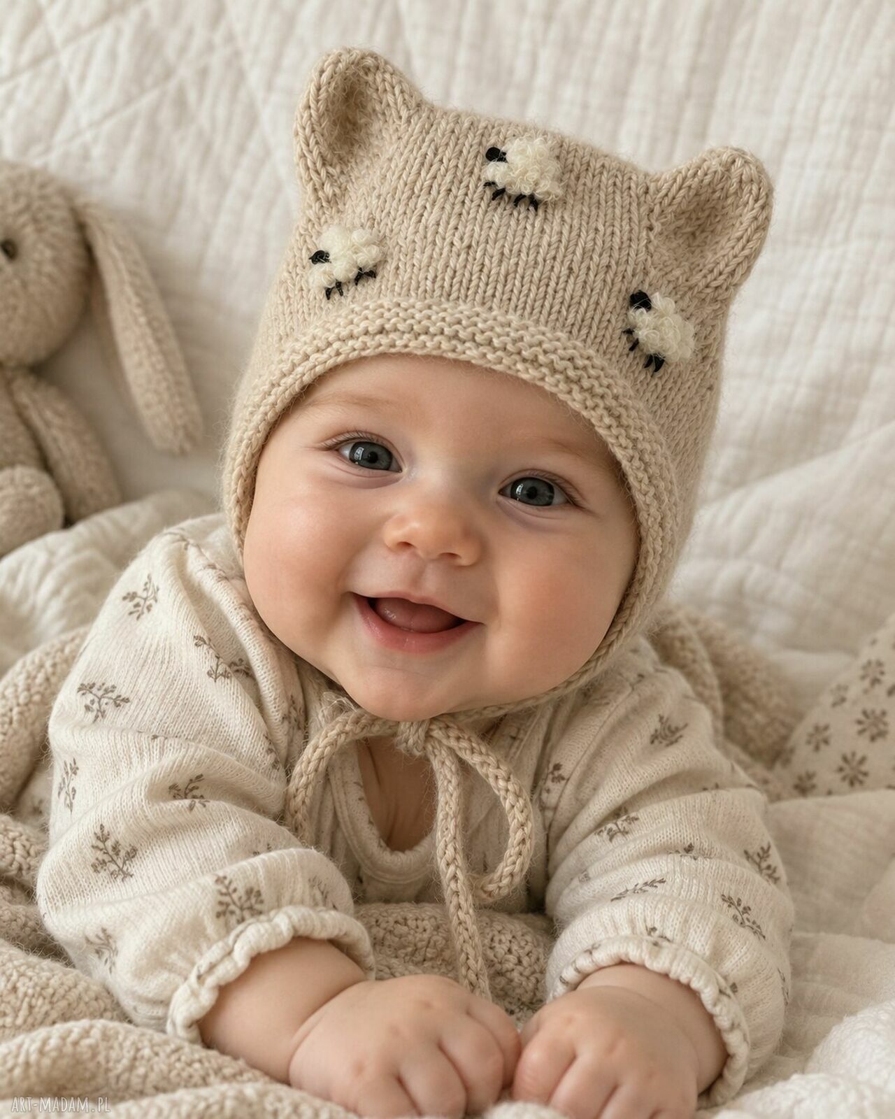 Czapka dziecięca bonnet w owieczki z wełny merino