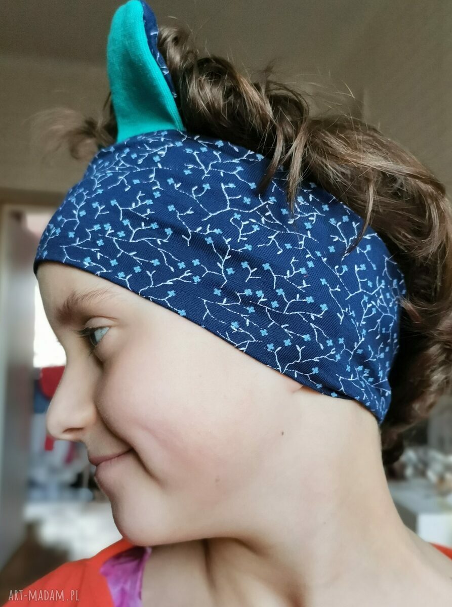 Ręcznie robiona opaska dzianinowa dla dzieci 3-4 lata - etno folk z motywem roweru