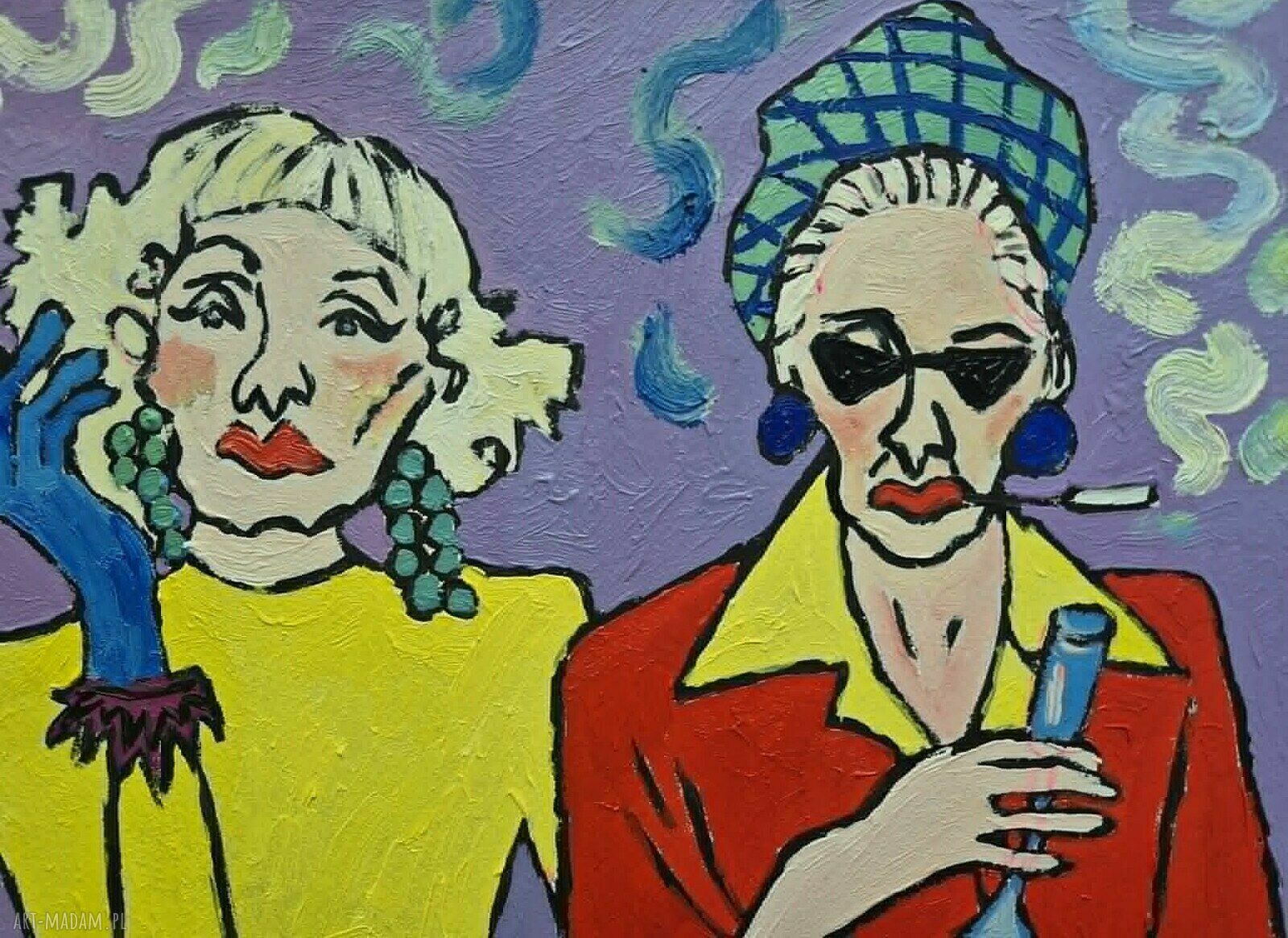 Obraz olejny „Osobliwe Towarzystwo” karykatura kobiet, 30 x 42 cm (edycja limitowana)