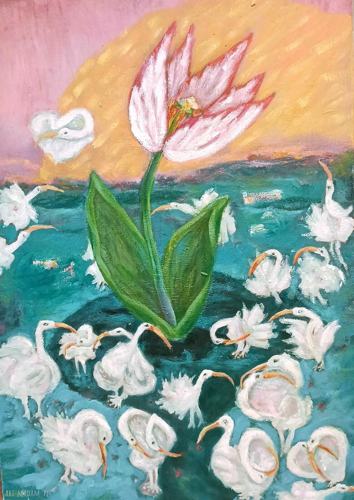 Obraz olejny „Dzień zakochanych” 50 x 70 cm - pejzaż z tulipanem w butelkowej zieleni