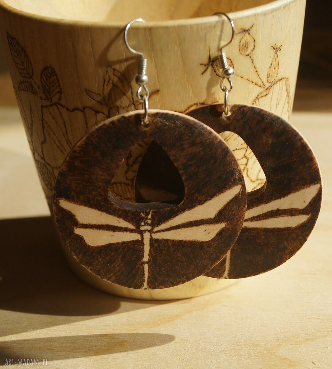 kolczyki: dzienna ważka nocna ręcznie wypalane drewniane kolczyki ręczne