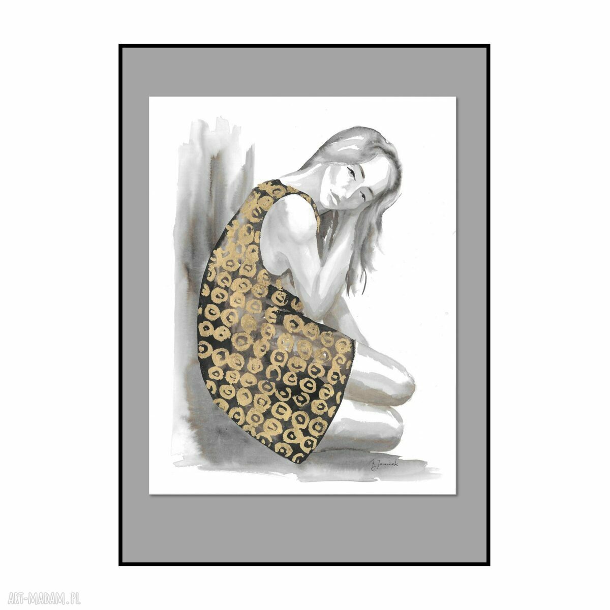 Dziewczyna - grafika ręcznie malowana i złocona 50x65 cm