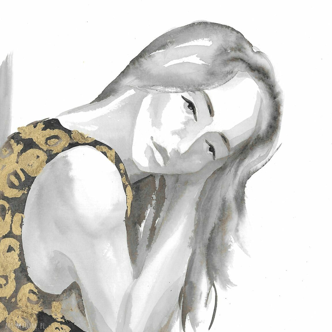 Dziewczyna - grafika ręcznie malowana i złocona 50x65 cm