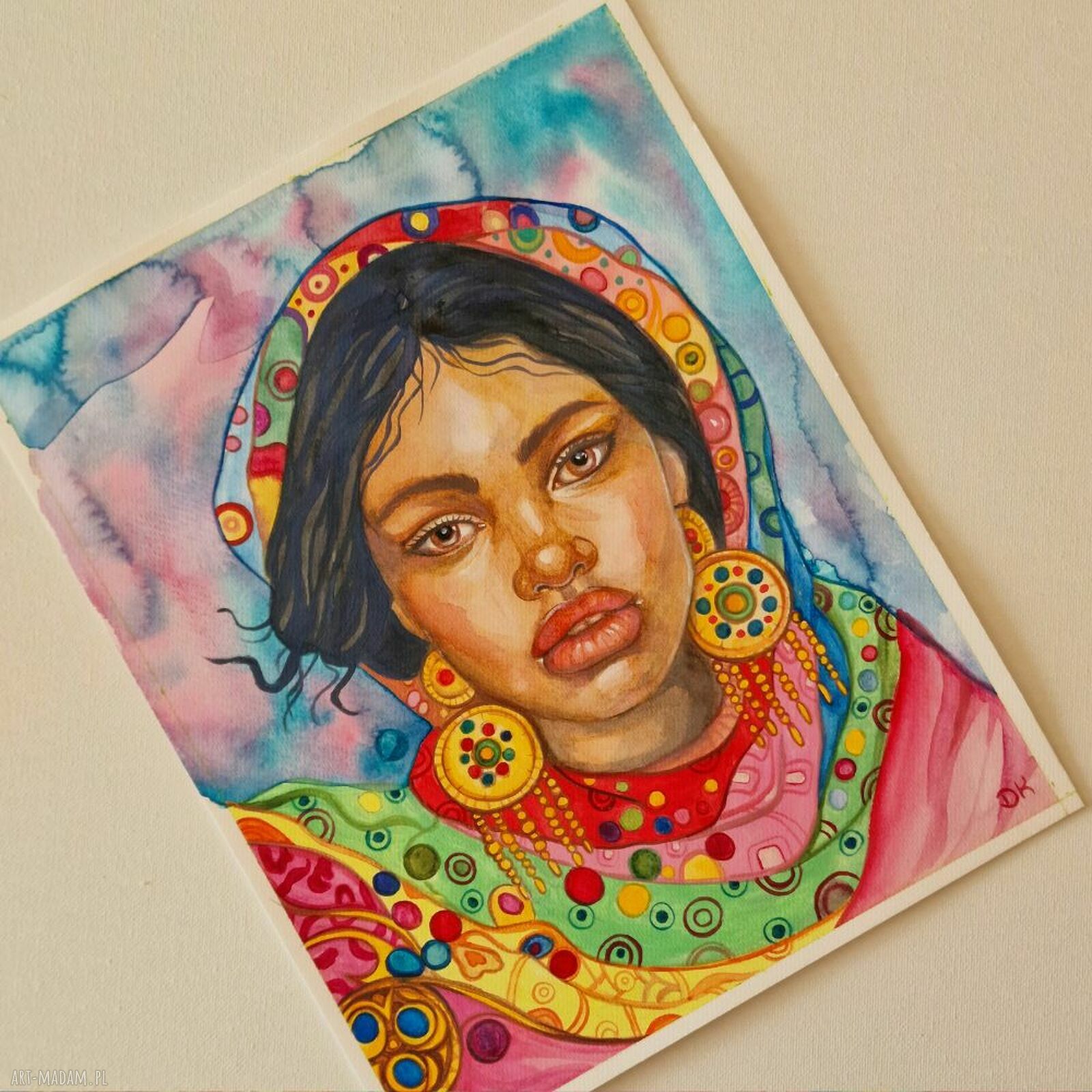 Dziewczyna w złotych kolczykach - oryginalna akwarela 24x30 cm (boho)