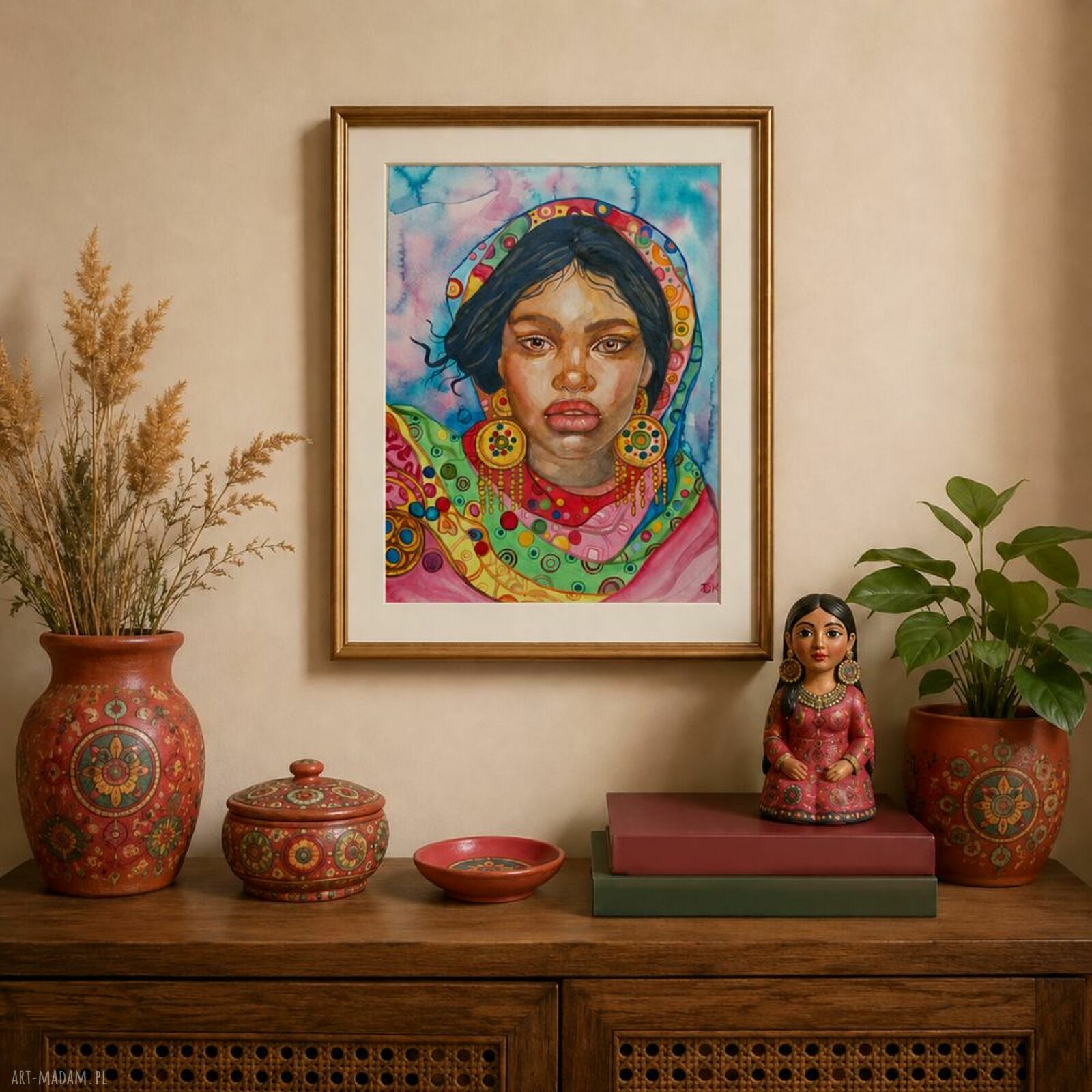 Dziewczyna w złotych kolczykach - oryginalna akwarela 24x30 cm (boho)