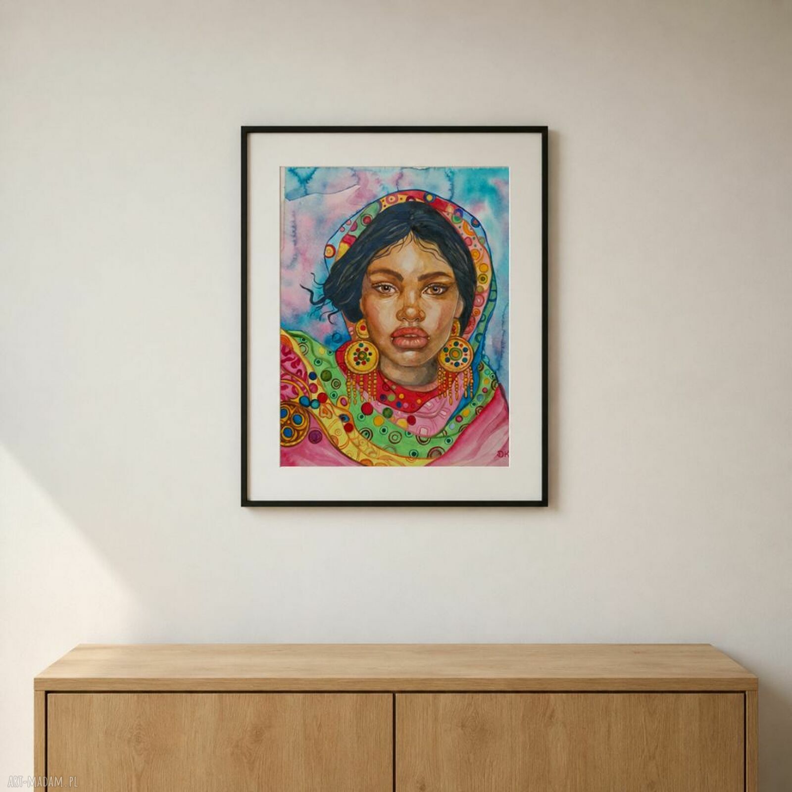 Dziewczyna w złotych kolczykach - oryginalna akwarela 24x30 cm (boho)