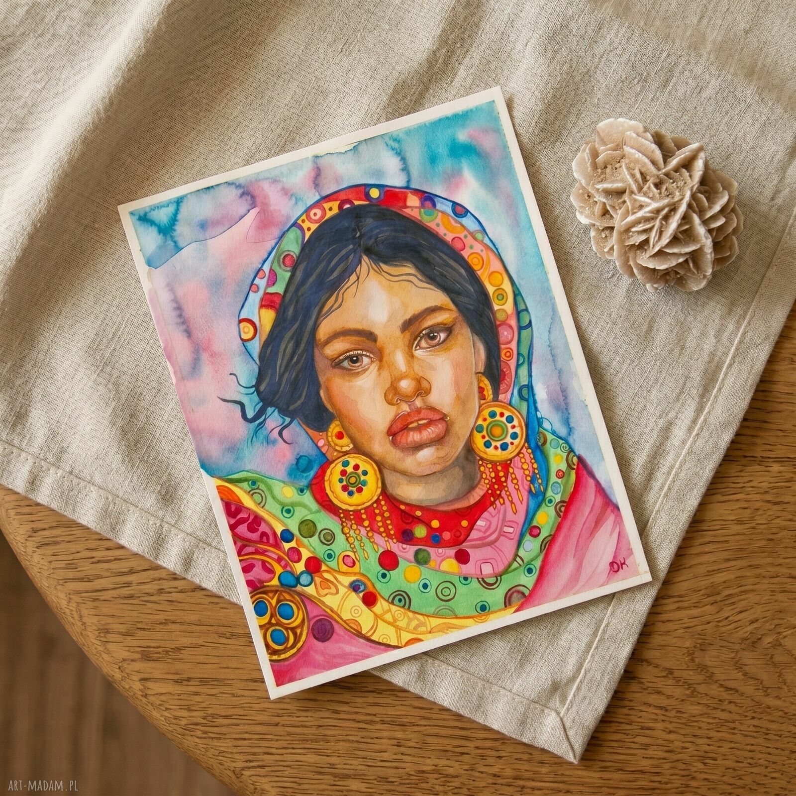 Dziewczyna w złotych kolczykach - oryginalna akwarela 24x30 cm boho