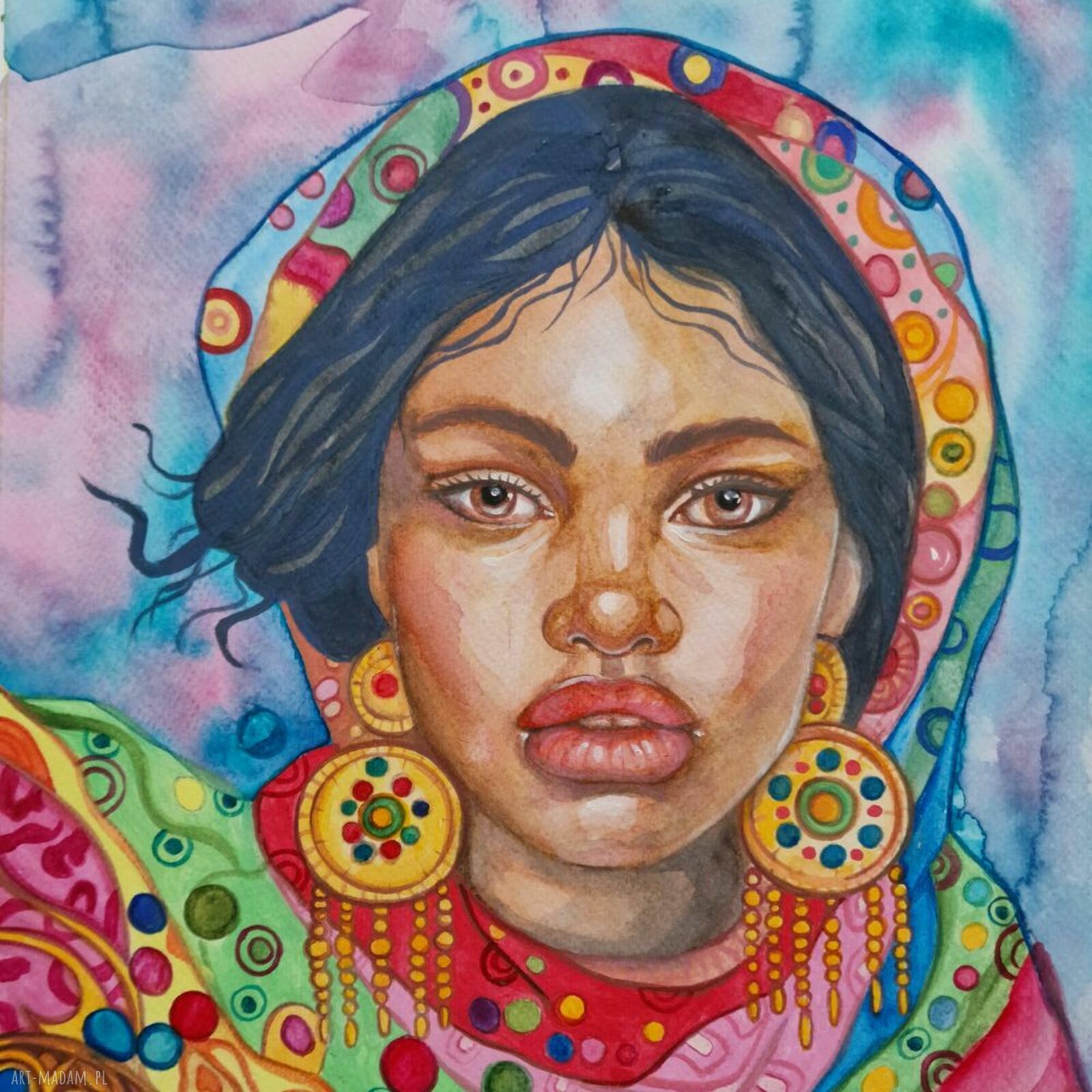 Dziewczyna w złotych kolczykach - oryginalna akwarela 24x30 cm (boho)