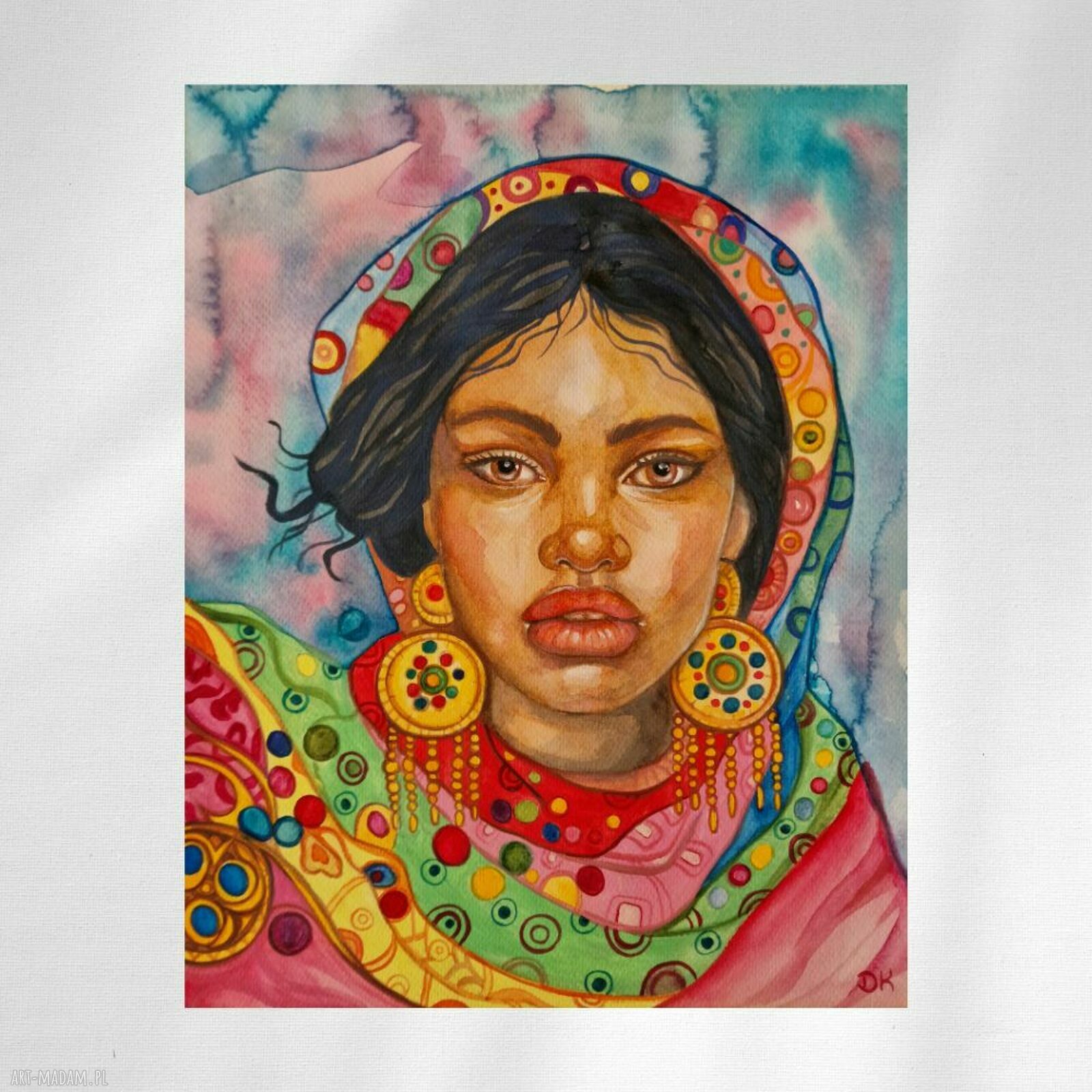 Dziewczyna w złotych kolczykach - oryginalna akwarela 24x30 cm (boho)
