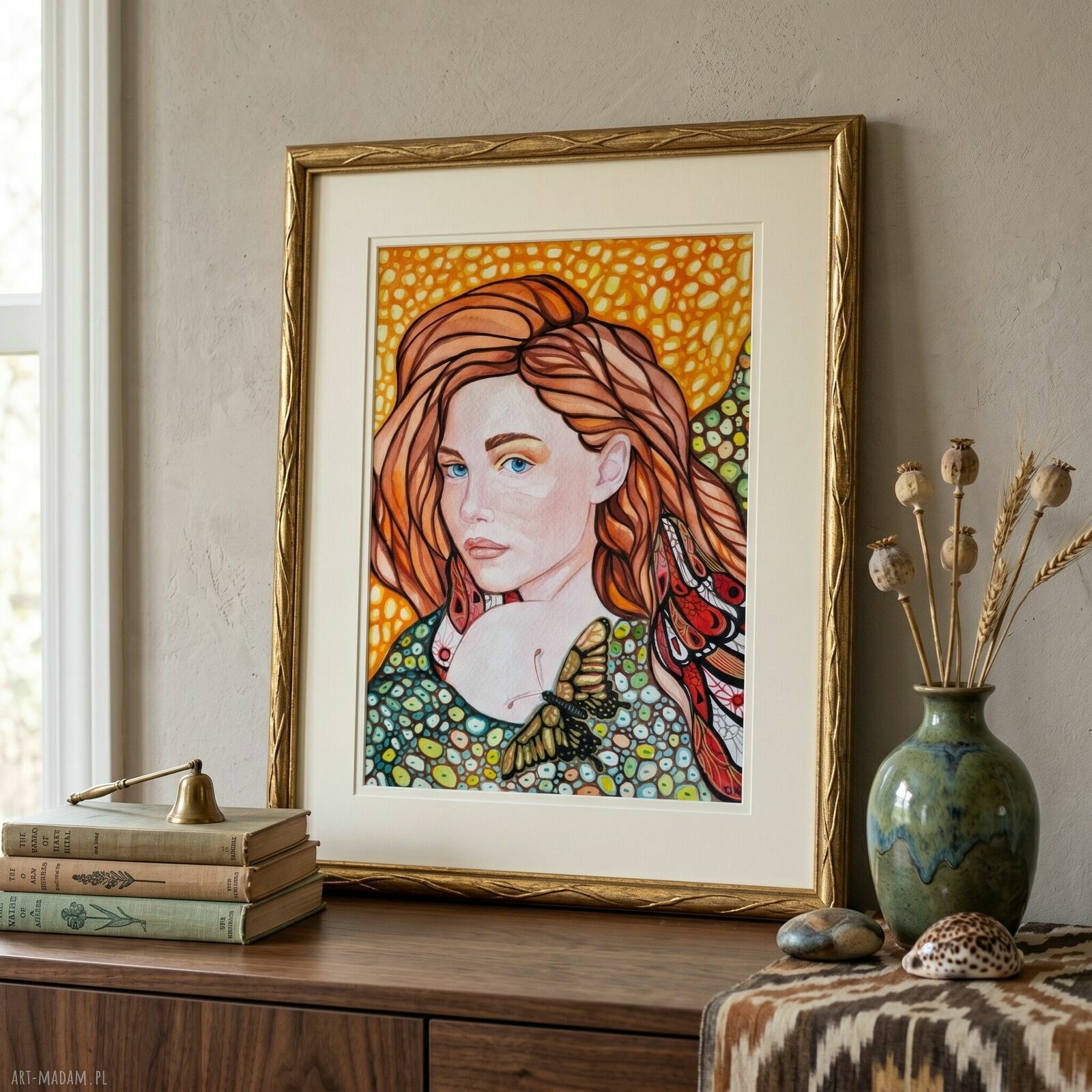 Dziewczyna z motylem - ręcznie malowana akwarela w stylu boho
