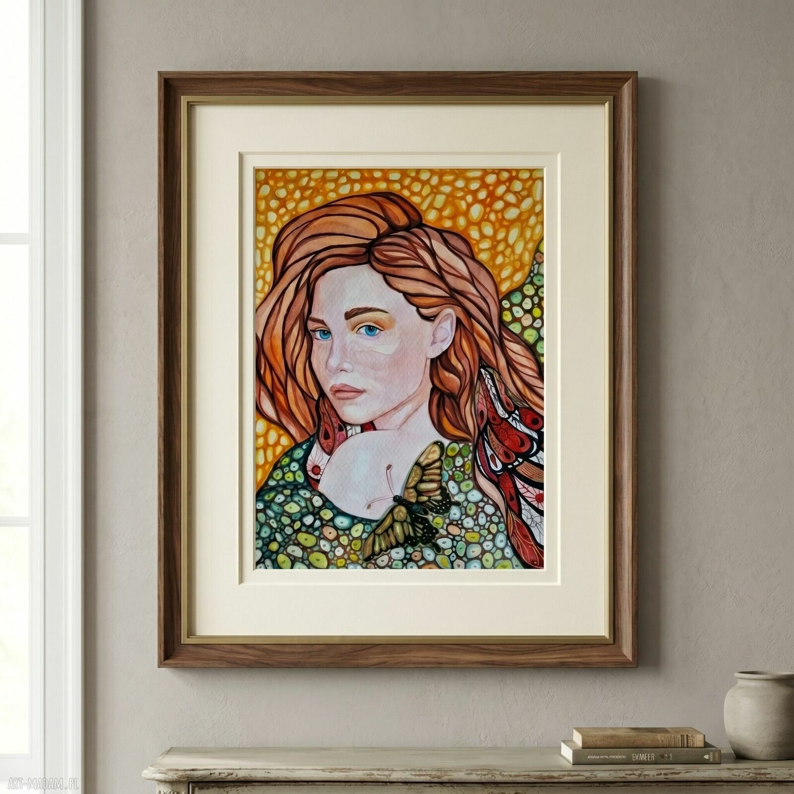 Dziewczyna z motylem - ręcznie malowana akwarela w stylu boho