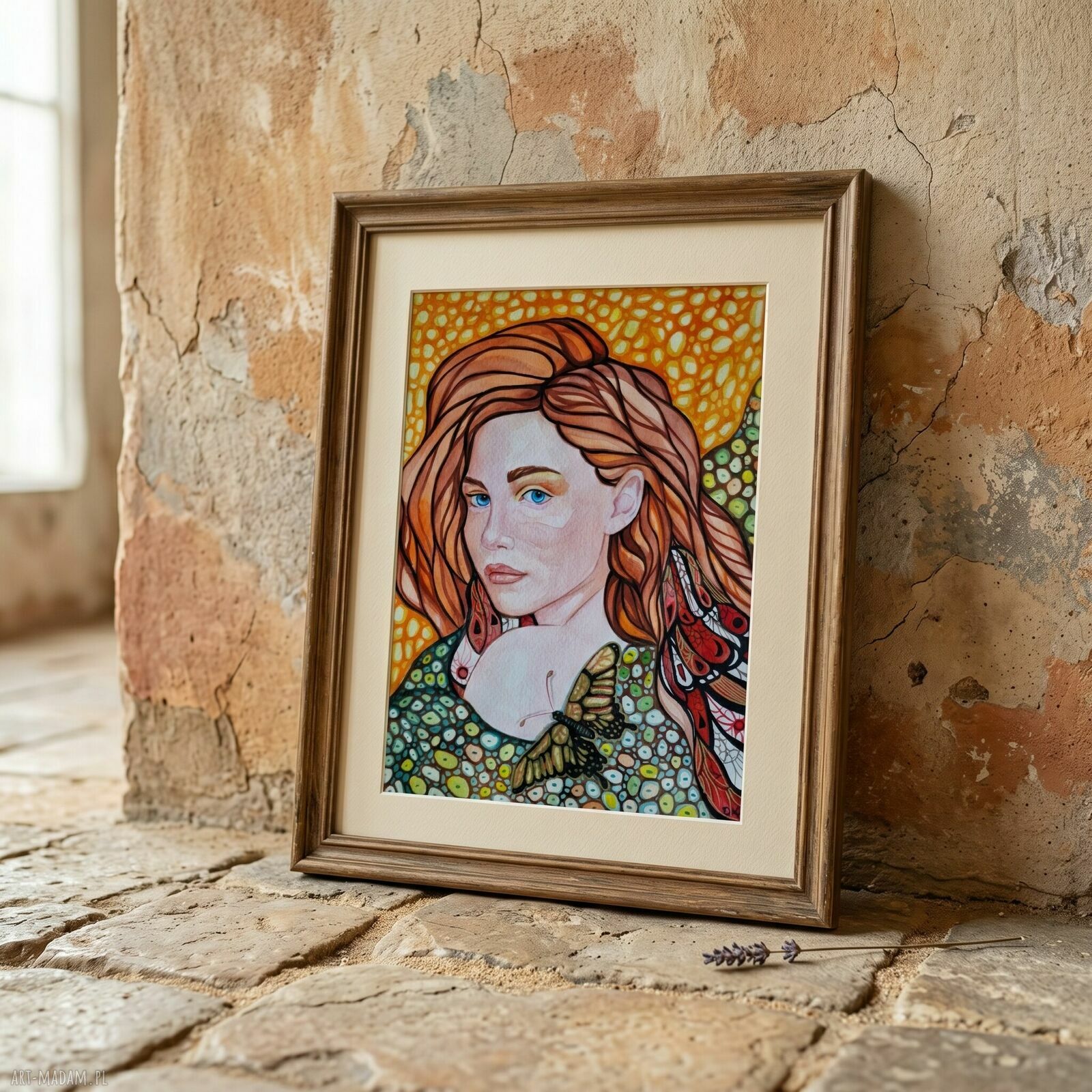 Dziewczyna z motylem - ręcznie malowana akwarela w stylu boho