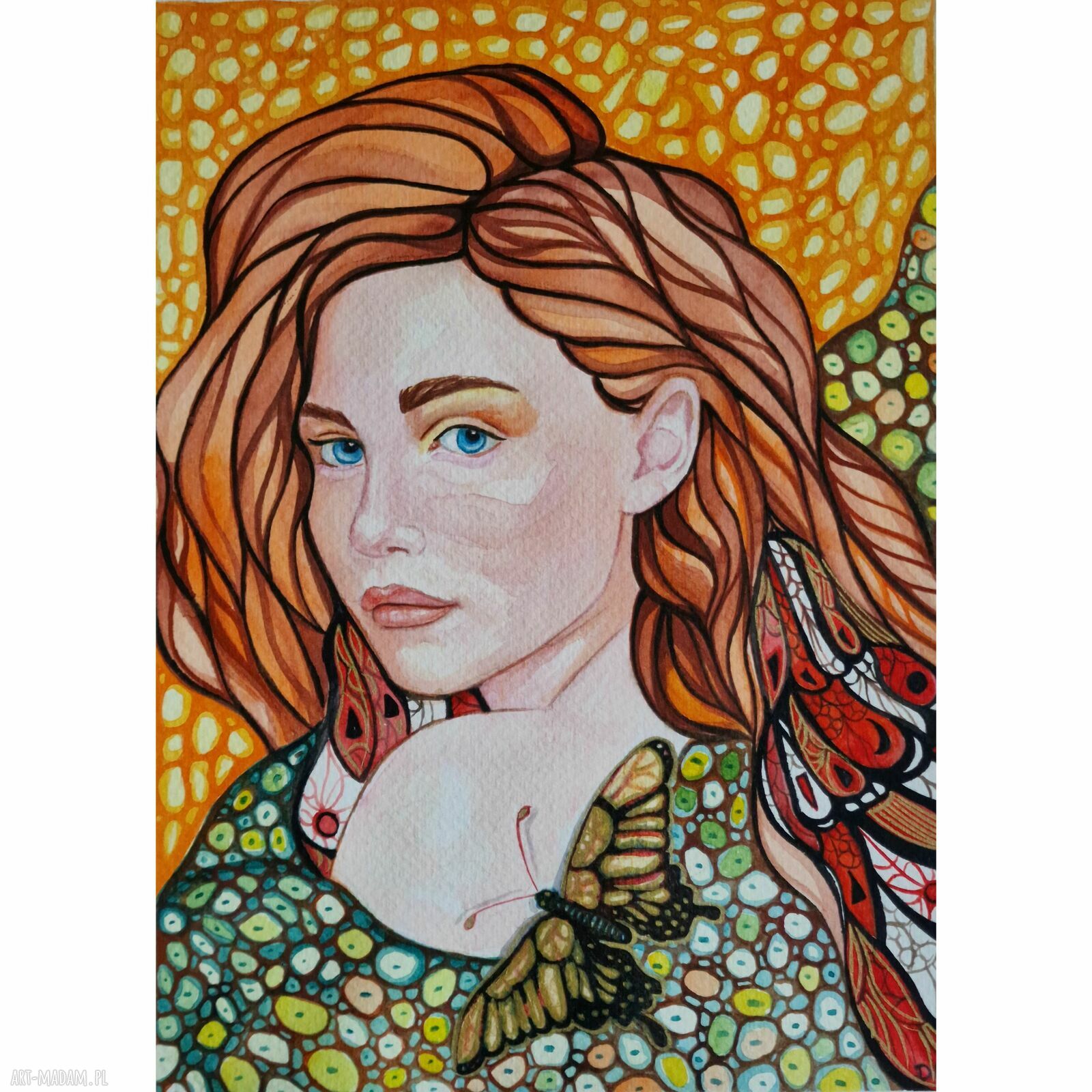 Dziewczyna z motylem - ręcznie malowana akwarela w stylu boho